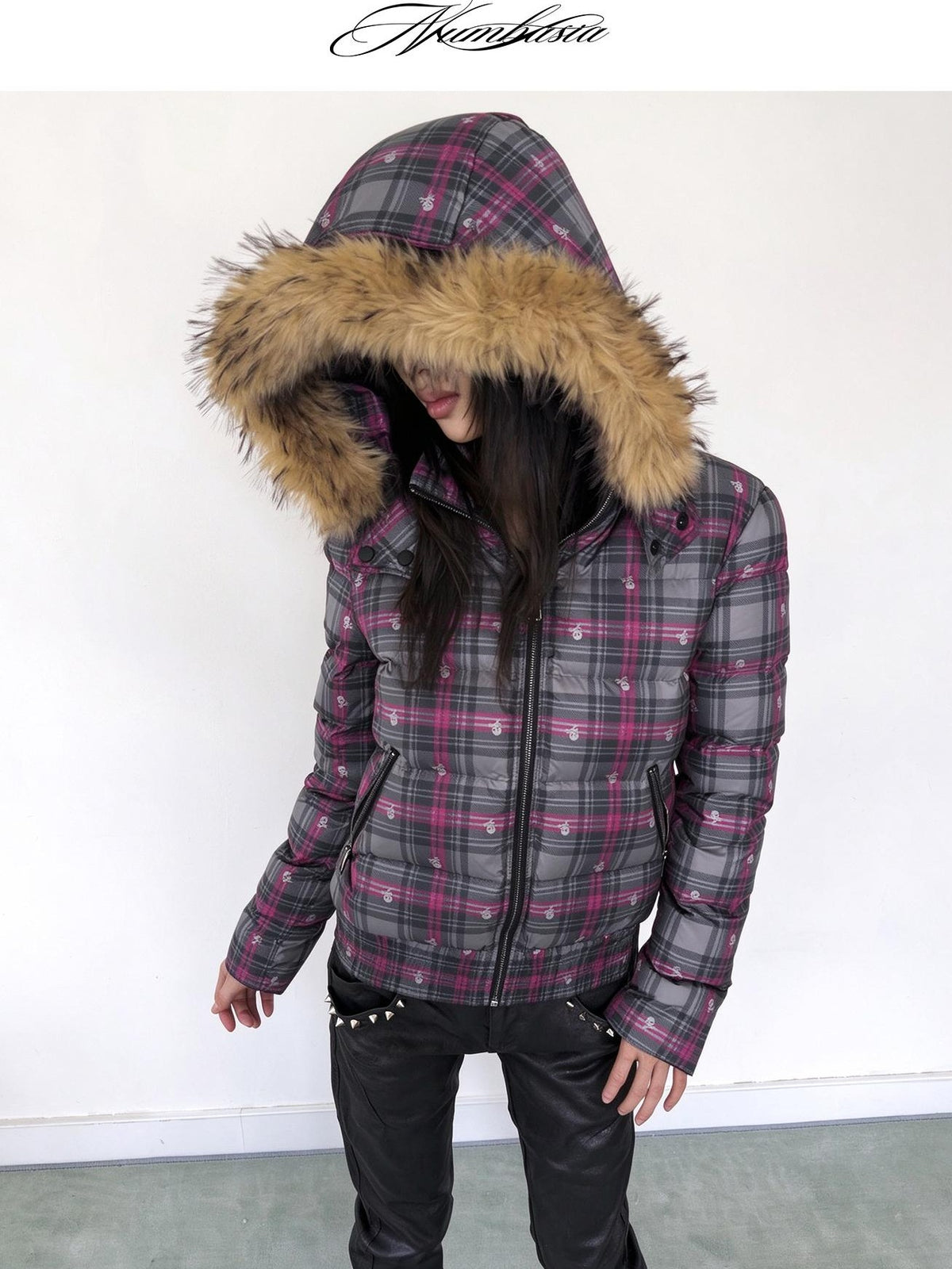 NumbAsia Skull Plaid Hooded Faux Fur Collar Women's Polyester Down Jackets