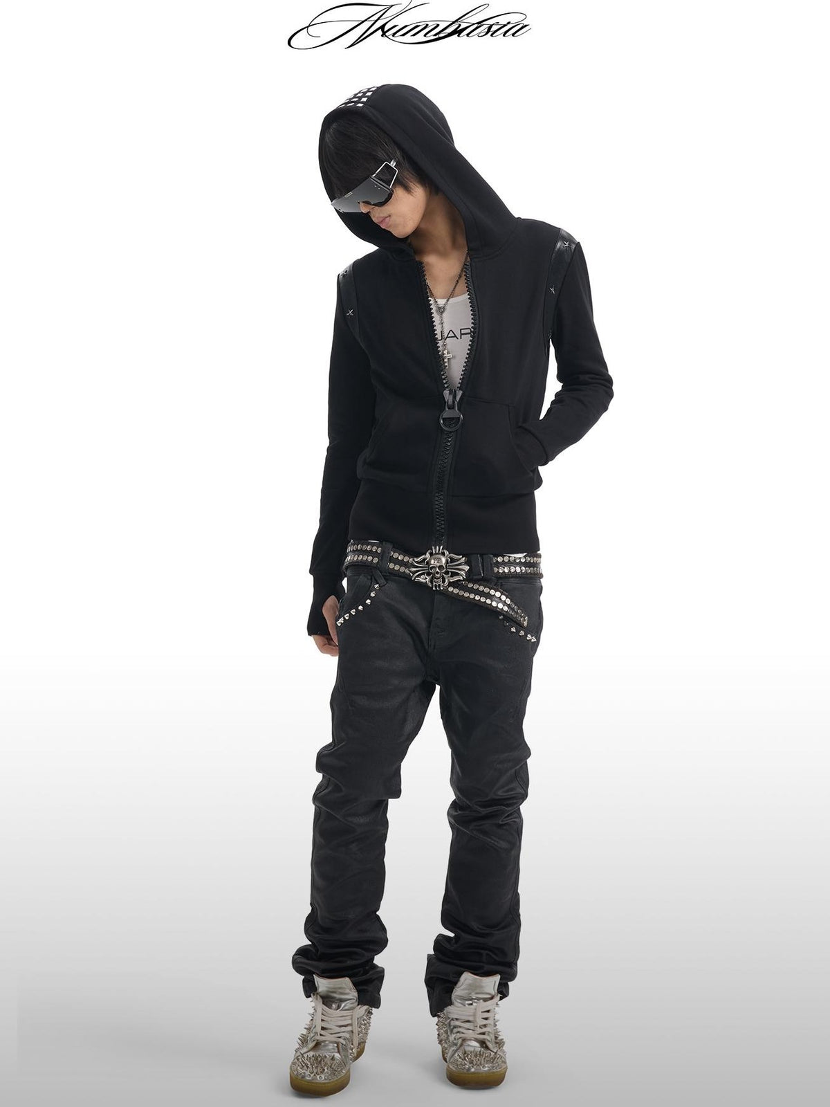 NumbAsia Slim Fit Zip Up Star Studded Faux Leather Panel Women's Cotton Pullover Hoodies