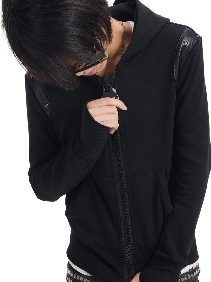 NumbAsia Slim Fit Zip Up Star Studded Faux Leather Panel Women's Cotton Pullover Hoodies