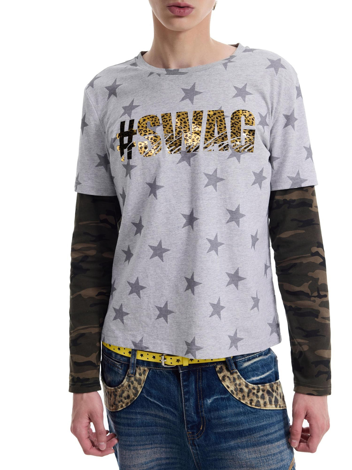 NumbAsia Star Camo Foil Leopard Print Women's Cotton Long Sleeve T-shirts