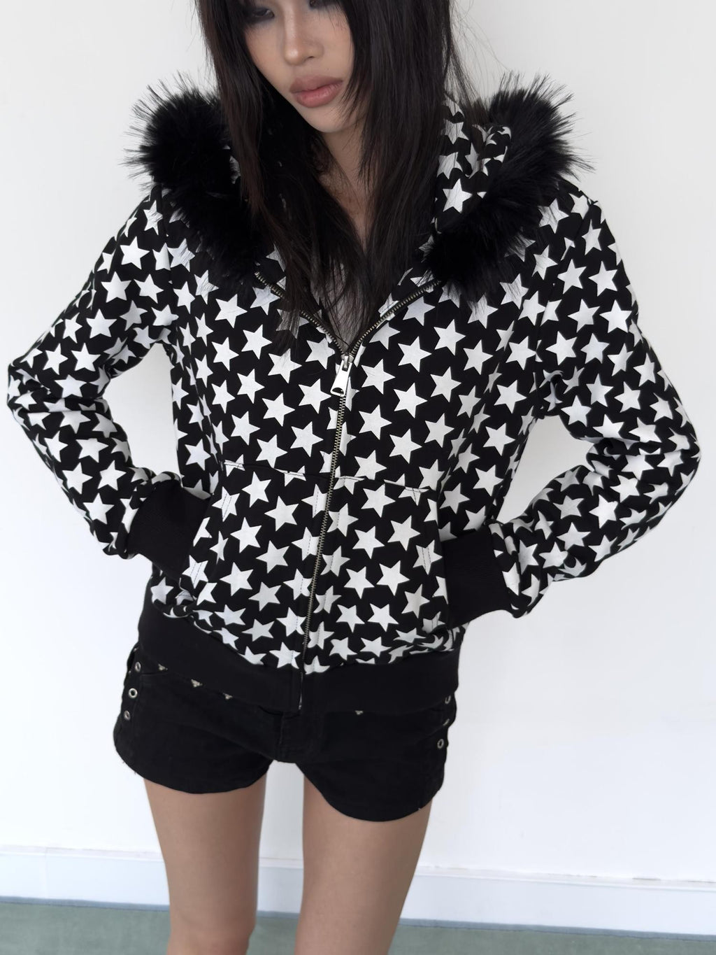 NumbAsia Star Print Faux Fur Collar Streetwear Women's Cotton Zip-up Hoodies