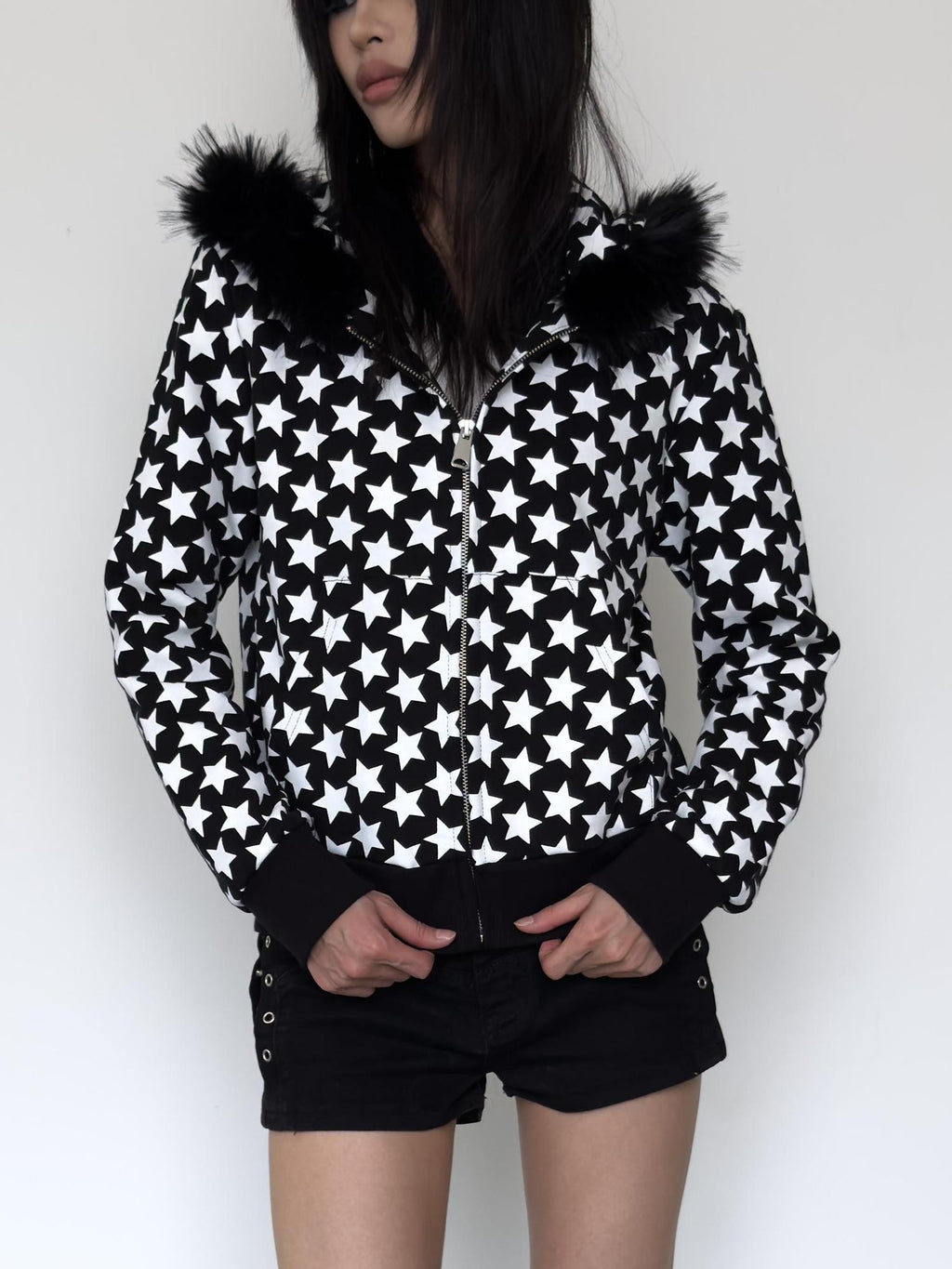 NumbAsia Star Print Faux Fur Collar Streetwear Women's Cotton Zip-up Hoodies