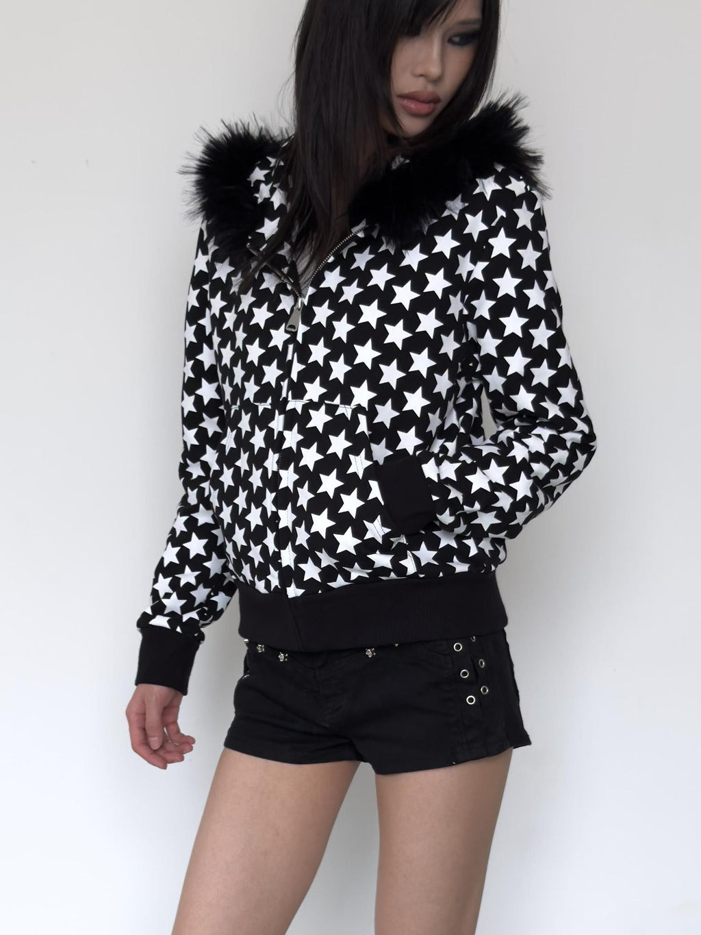NumbAsia Star Print Faux Fur Collar Streetwear Women's Cotton Zip-up Hoodies