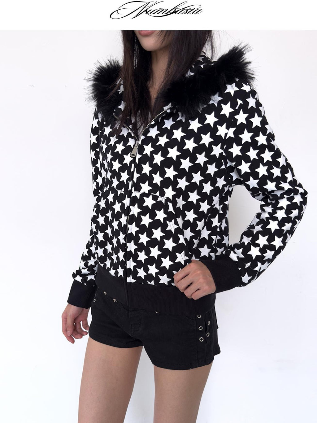 NumbAsia Star Print Faux Fur Collar Streetwear Women's Cotton Zip-up Hoodies