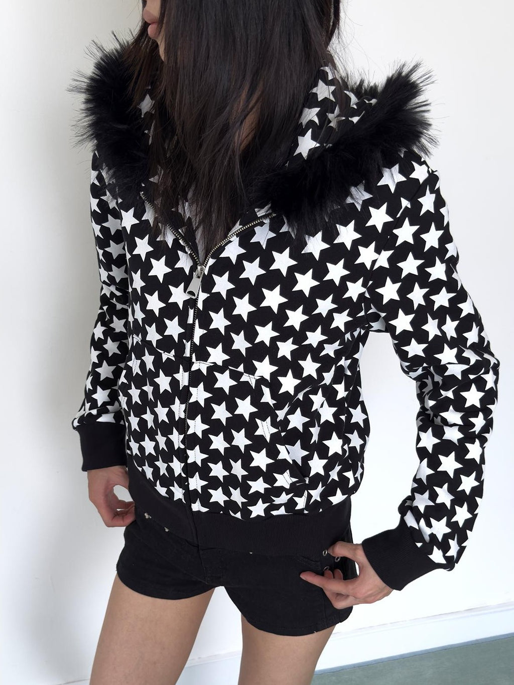 NumbAsia Star Print Faux Fur Collar Streetwear Women's Cotton Zip-up Hoodies