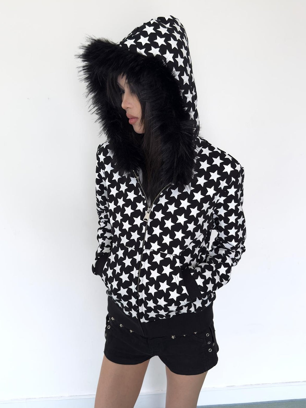 NumbAsia Star Print Faux Fur Collar Streetwear Women's Cotton Zip-up Hoodies
