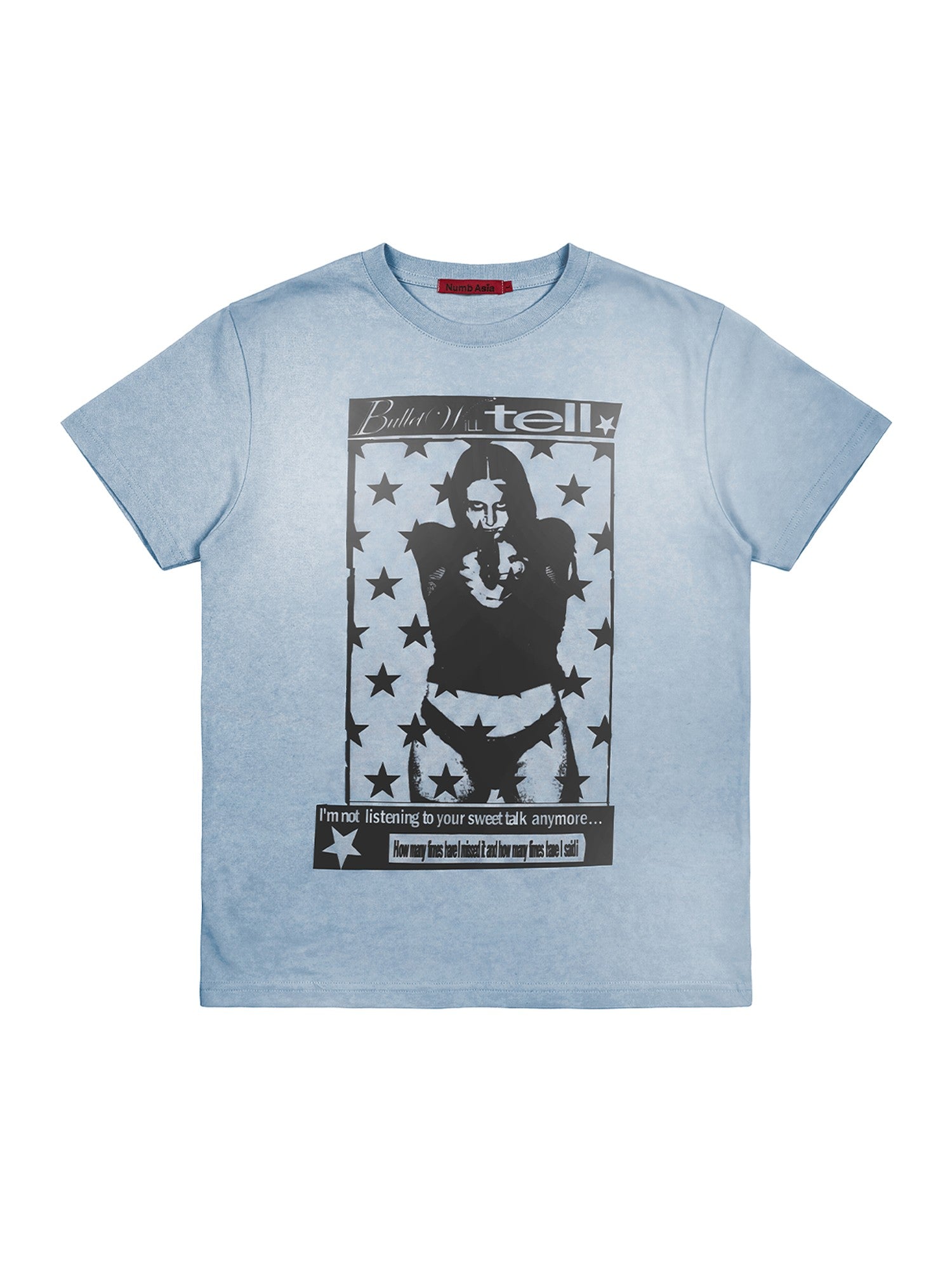 NumbAsia Star Slogan Print Washed Light Blue Women's Cotton Short Sleeve T-shirts