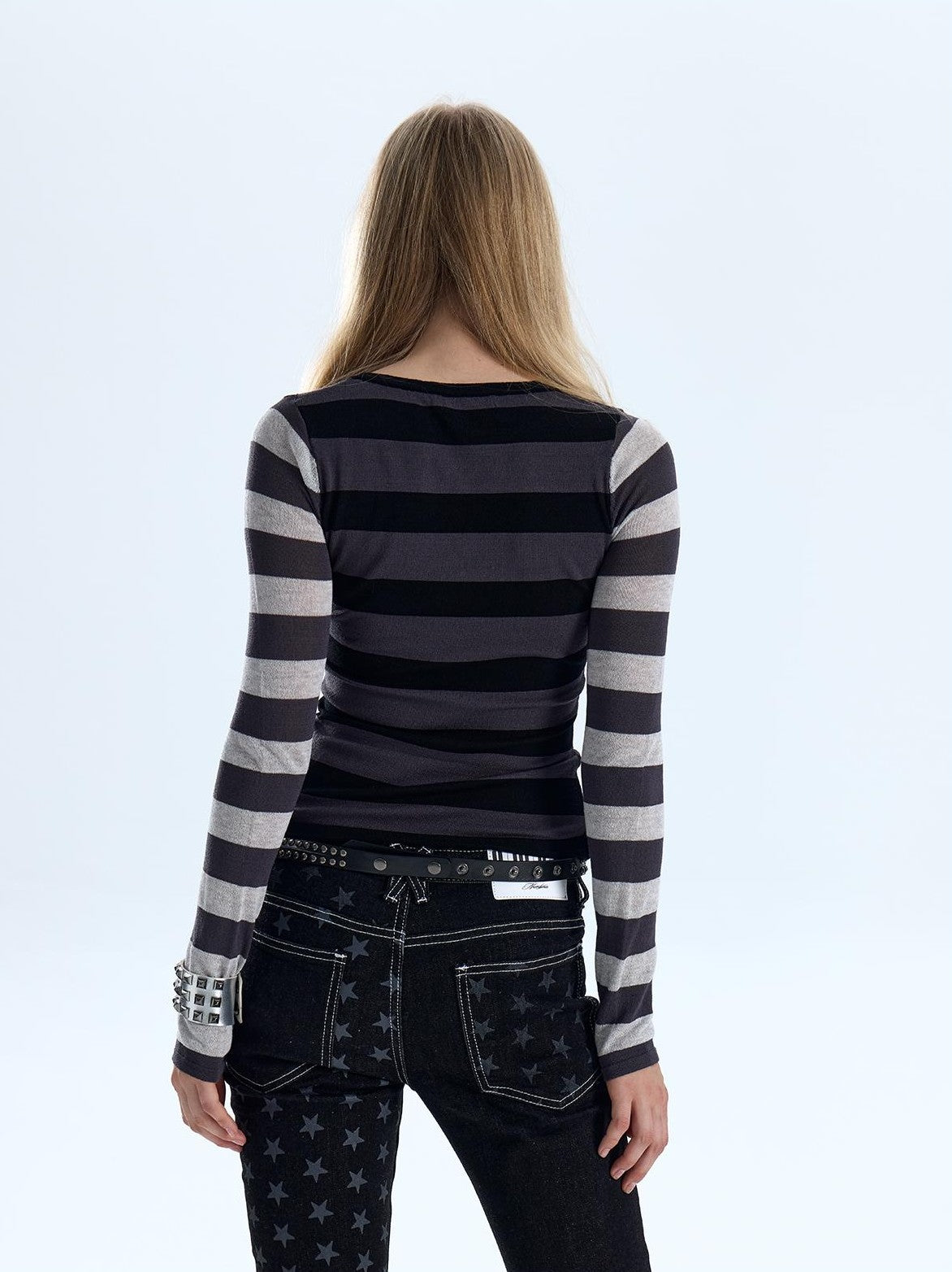 NumbAsia Star Striped Spliced Slim Fit Women's Polyester Long Sleeve T-shirts