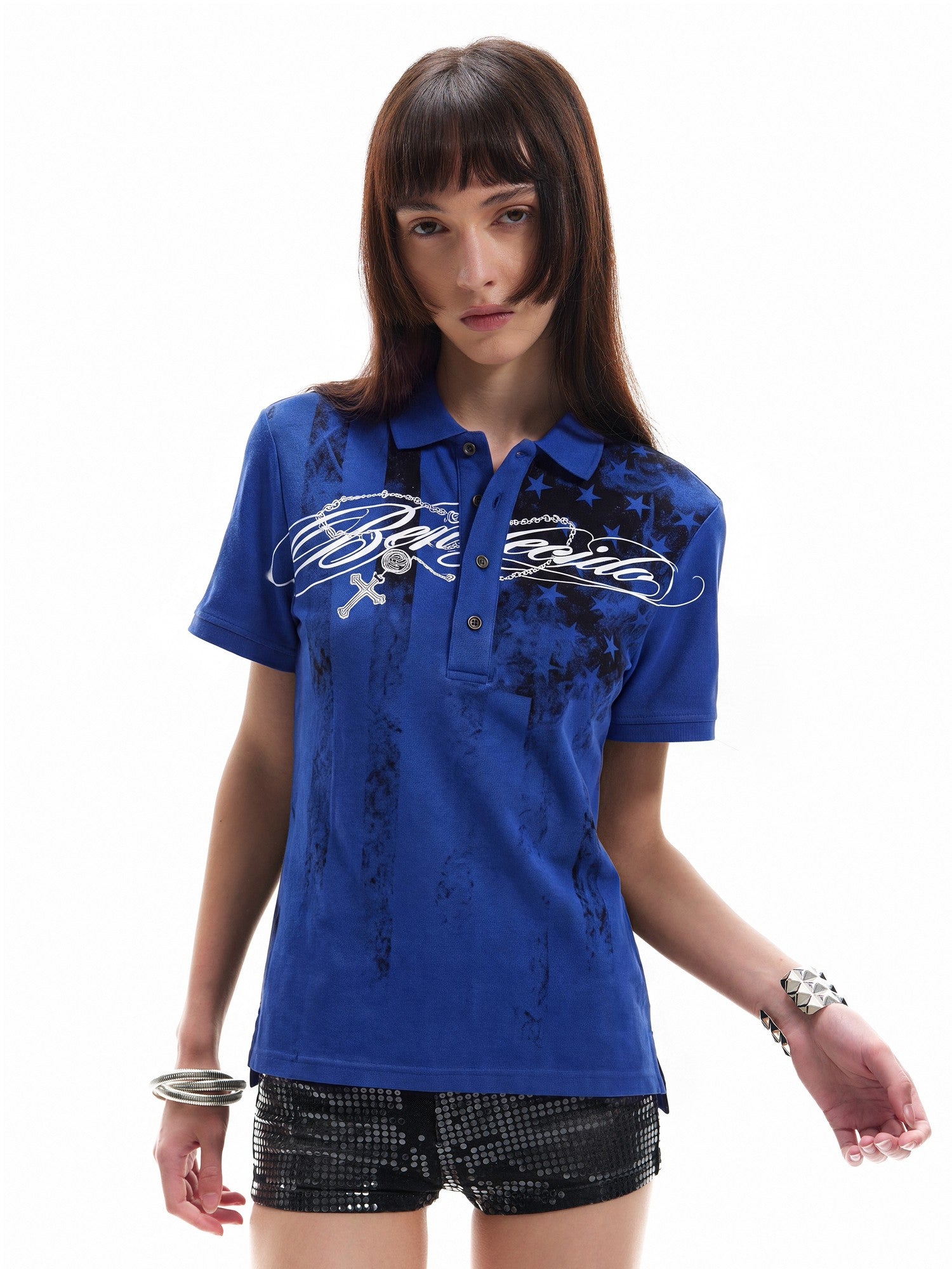NumbAsia Stars And Stripes Allover Logo Polo Collar Women's Cotton Short Sleeve T-shirts