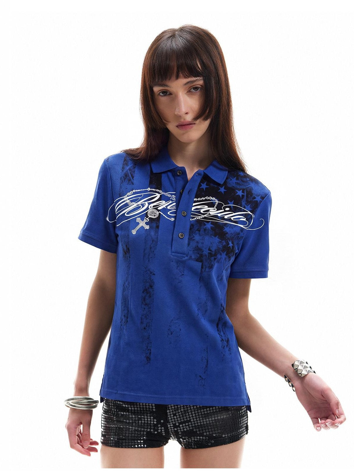 NumbAsia Stars And Stripes Allover Logo Polo Collar Women's Cotton Short Sleeve T-shirts