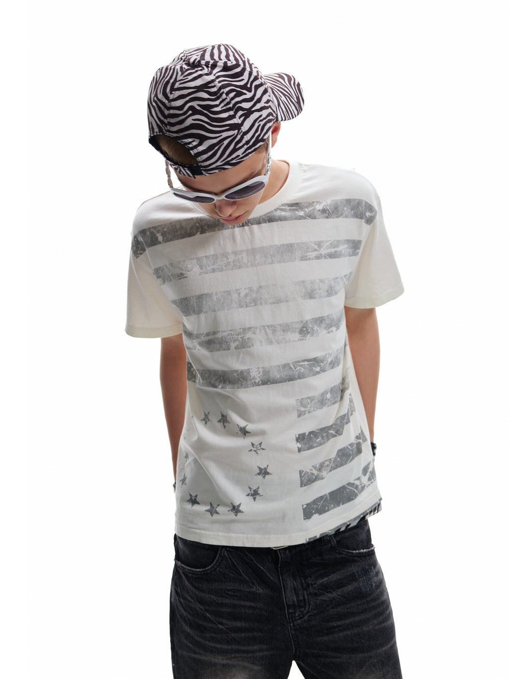 NumbAsia Stars And Stripes Distressed Washed Print Women's Cotton Short Sleeve T-shirts