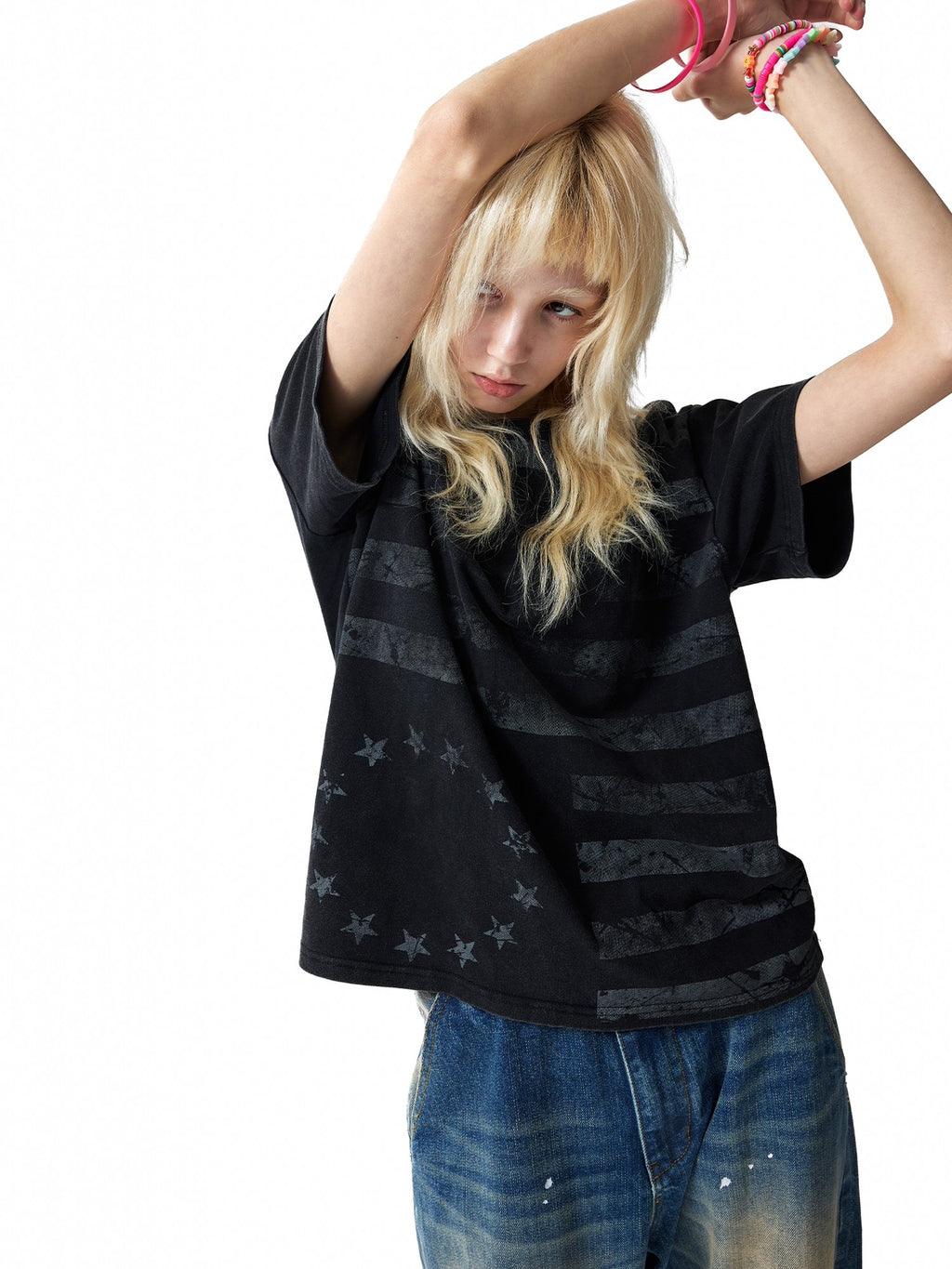 NumbAsia Stars And Stripes Distressed Washed Print Women's Cotton Short Sleeve T-shirts