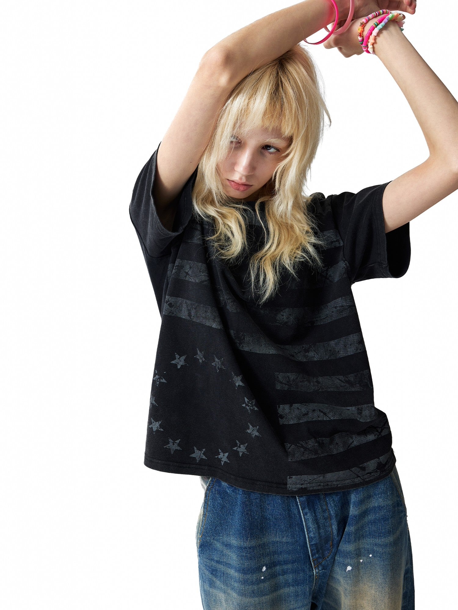 NumbAsia Stars And Stripes Distressed Washed Print Women's Cotton Short Sleeve T-shirts