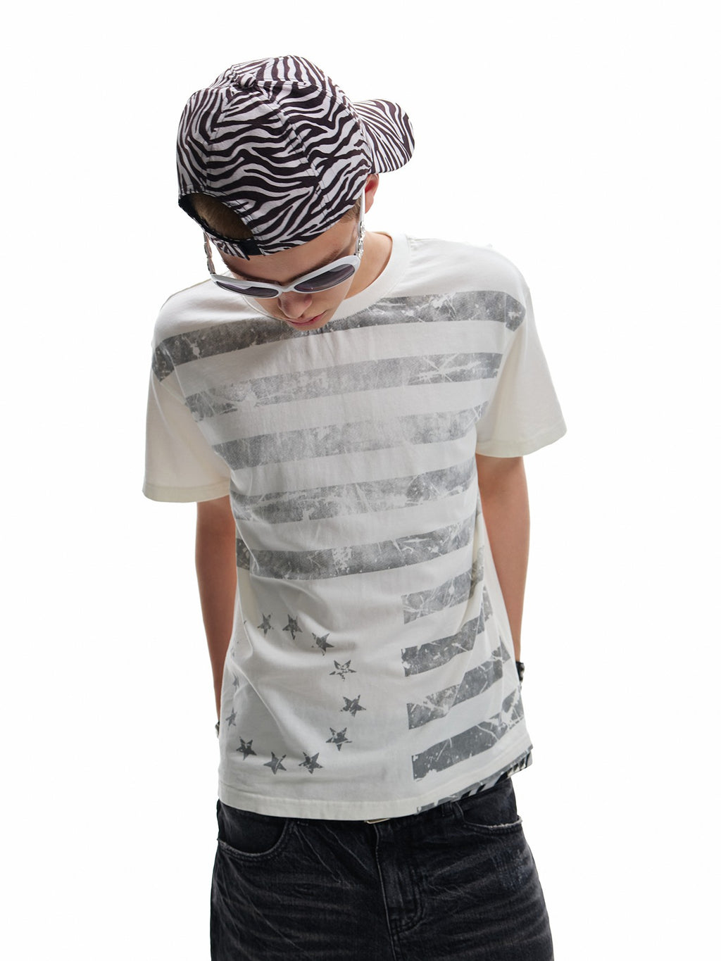 NumbAsia Stars And Stripes Distressed Washed Print Women's Cotton Short Sleeve T-shirts