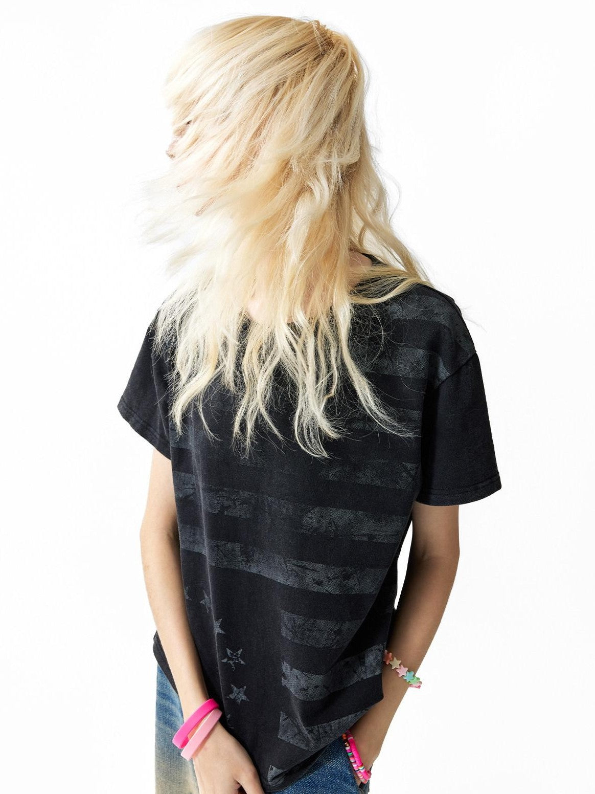NumbAsia Stars And Stripes Distressed Washed Print Women's Cotton Short Sleeve T-shirts