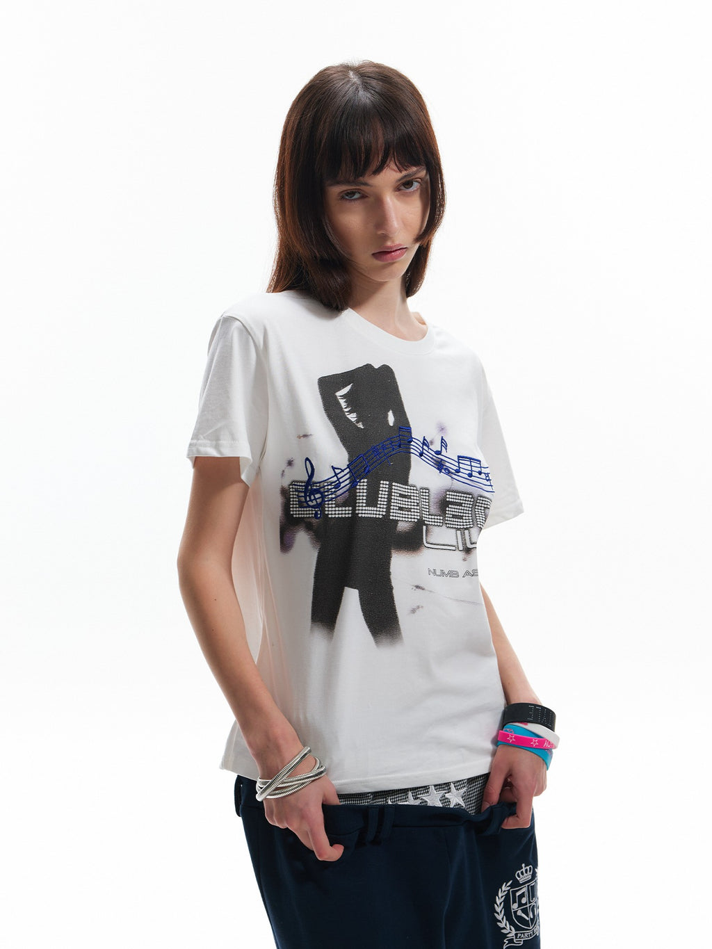 NumbAsia Street Character Electronic Note Embroidery Women's Short Sleeve T-shirts