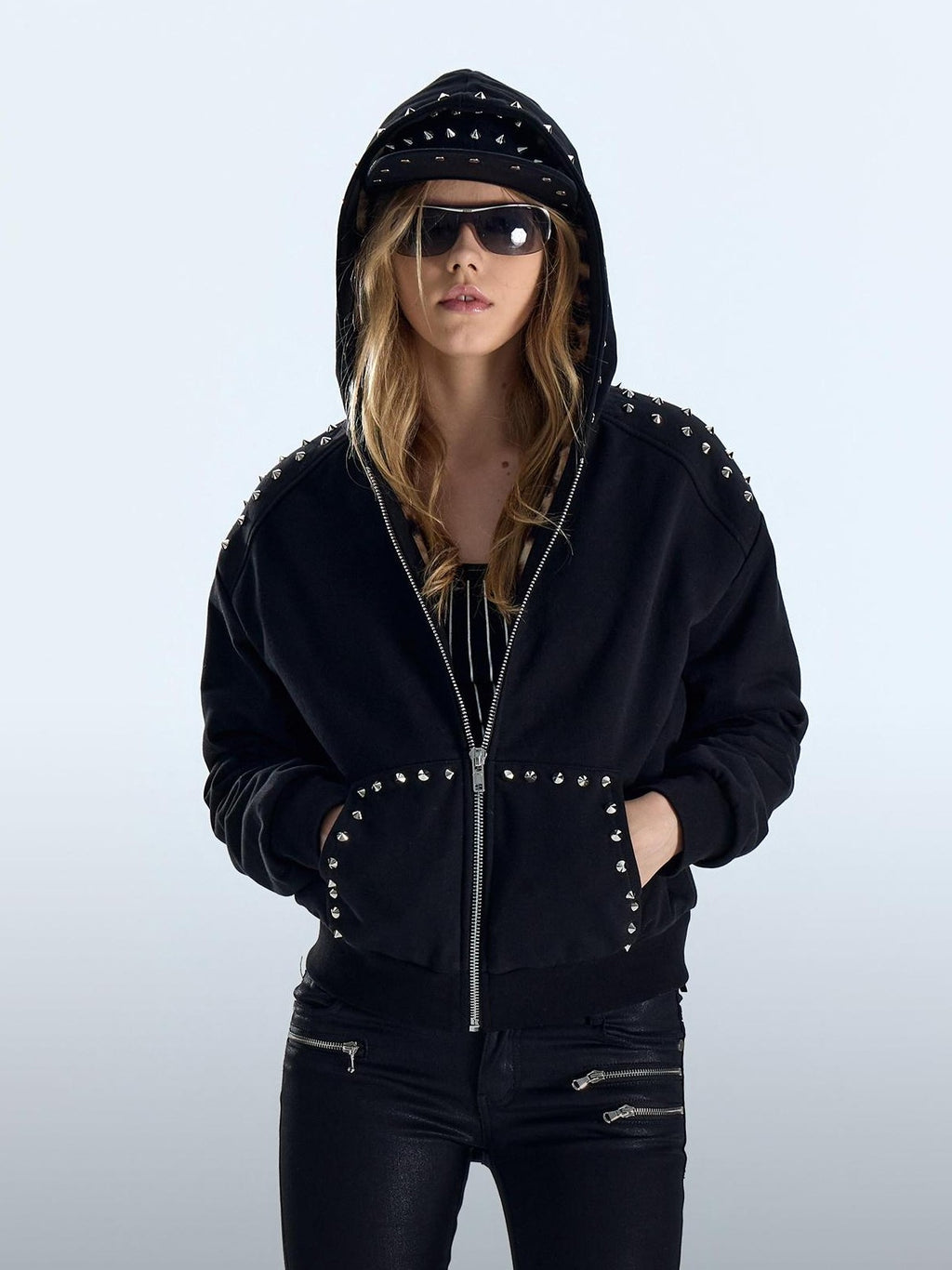 NumbAsia Studded Leopard Print Faux Fur Loose Fit Women's Cotton Zip-up Hoodies