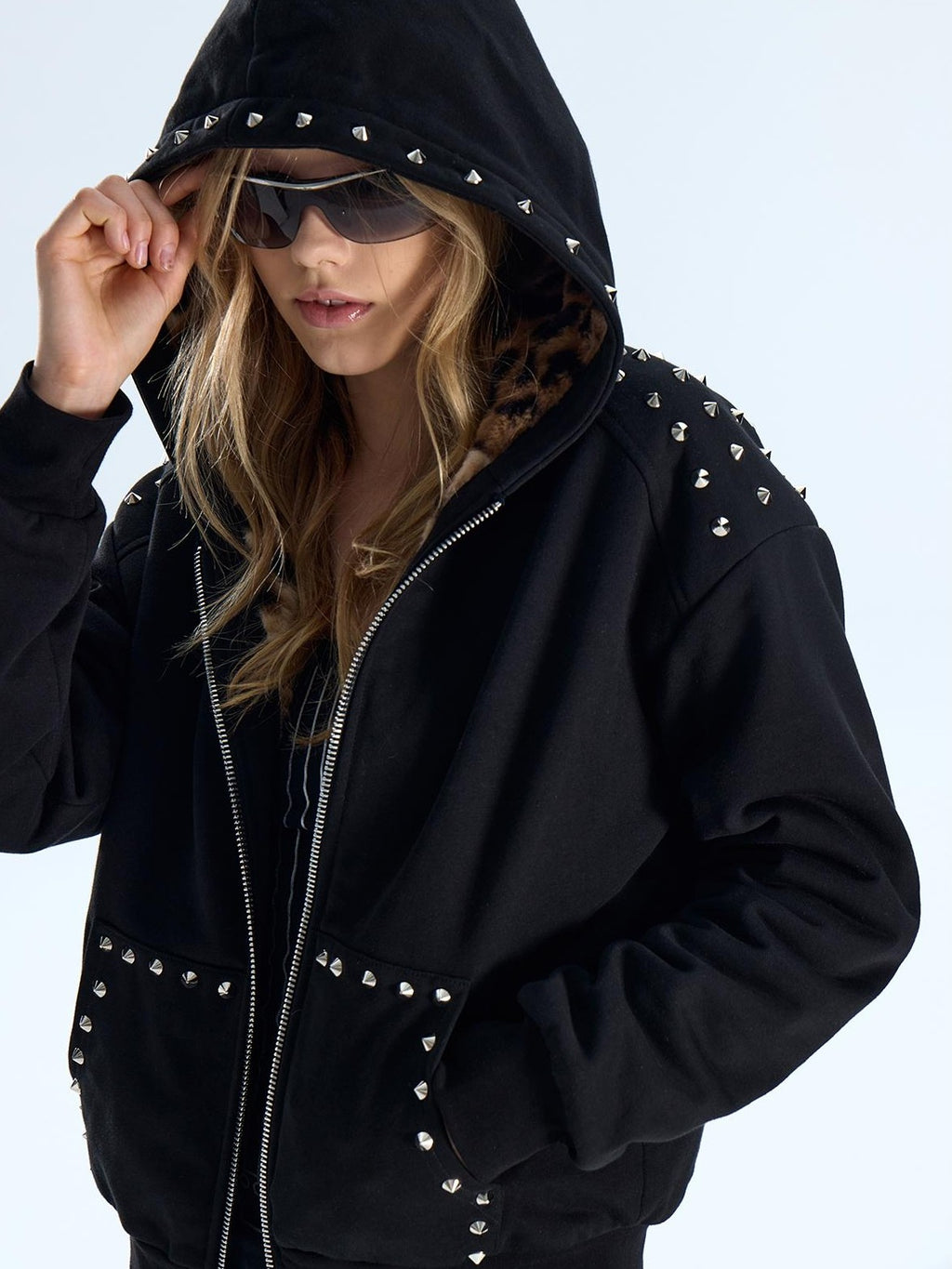 NumbAsia Studded Leopard Print Faux Fur Loose Fit Women's Cotton Zip-up Hoodies