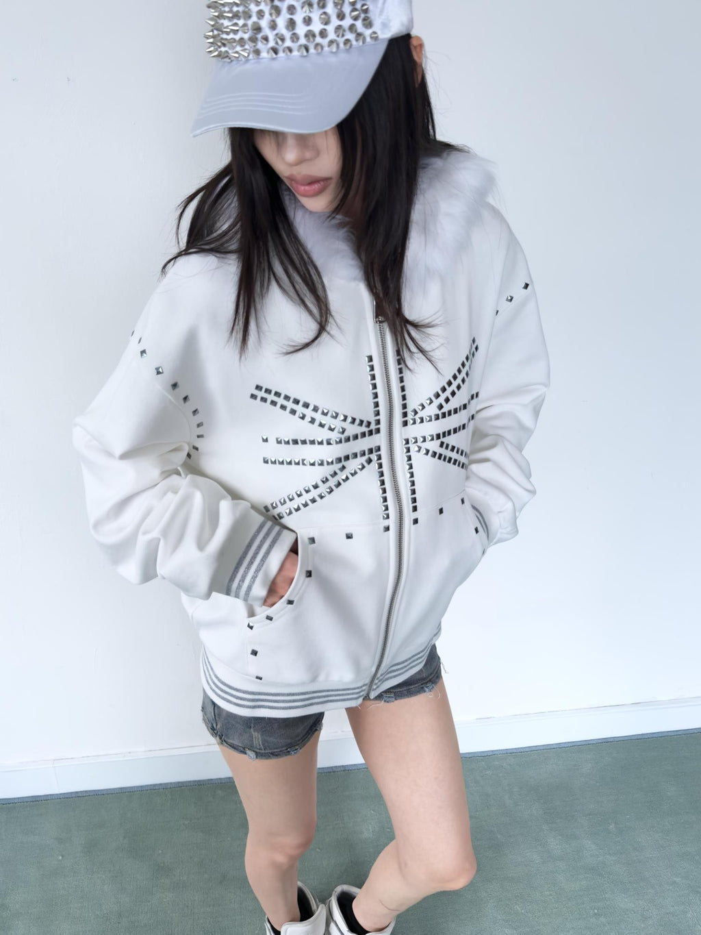 NumbAsia Union Jack Graphic Faux Fur Trim Hooded Women's Cotton Zip-up Hoodies