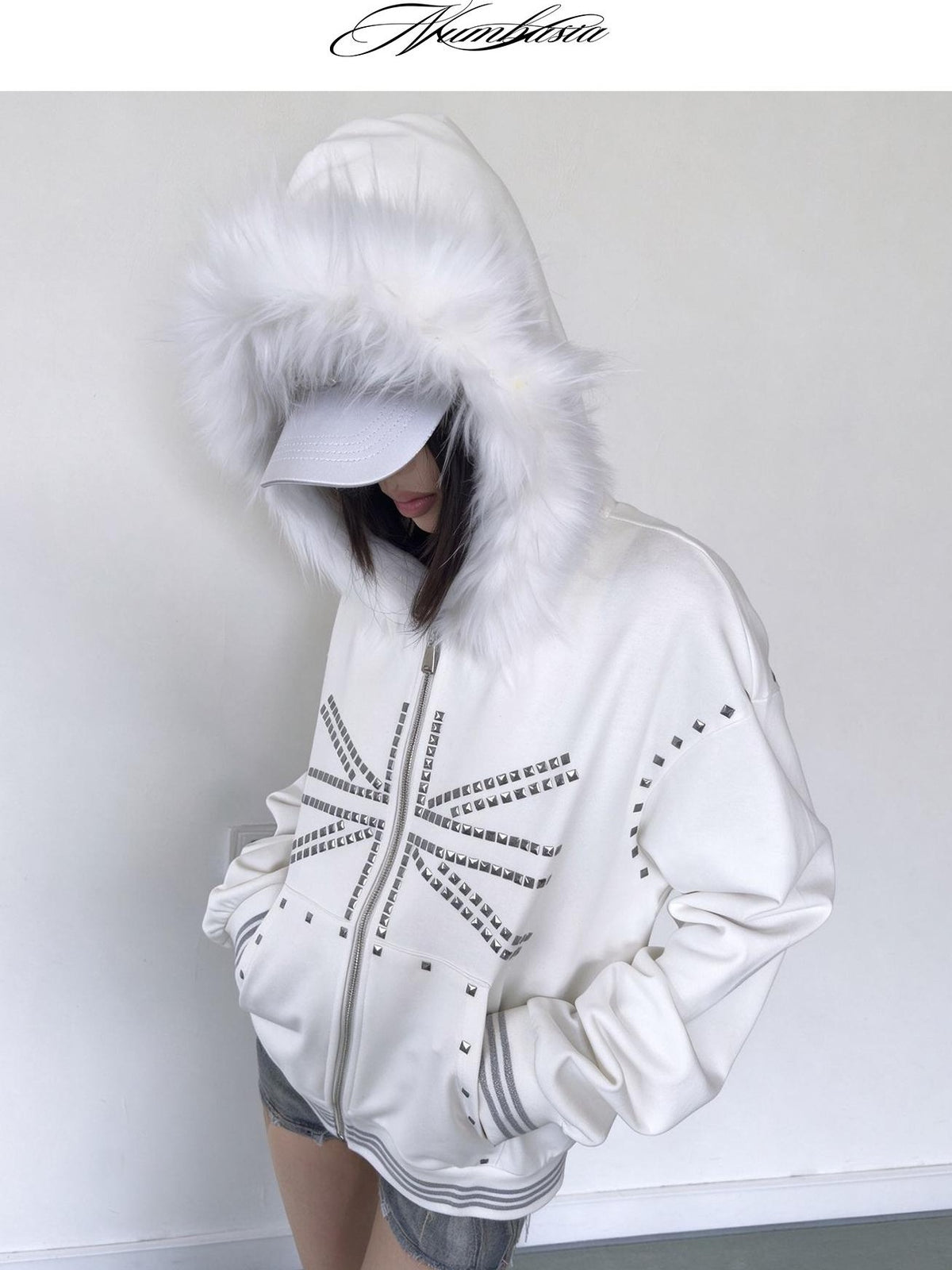 NumbAsia Union Jack Graphic Faux Fur Trim Hooded Women's Cotton Zip-up Hoodies
