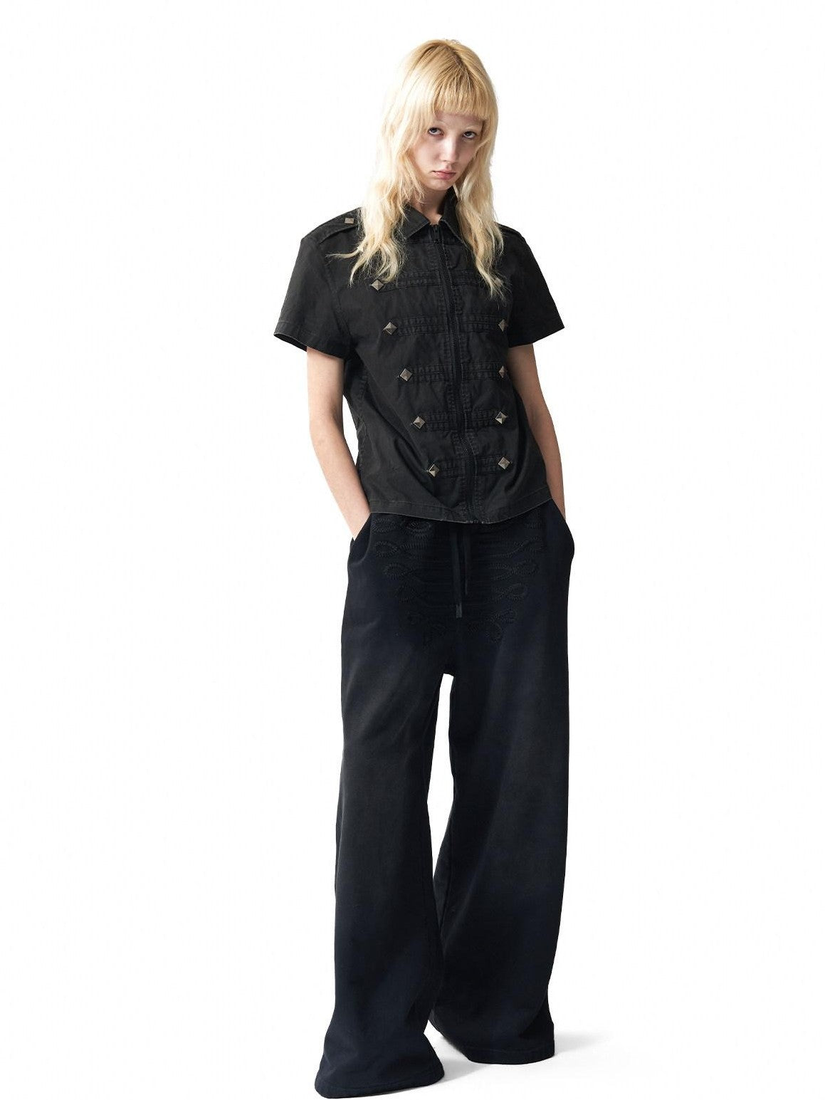 NumbAsia Vintage Washed Baroque Studded Epaulet Zip Front Women's Short Sleeve T-shirts
