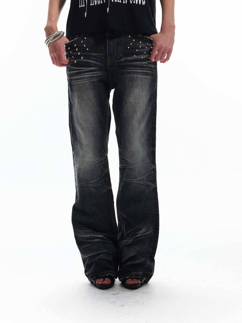 NumbAsia Vintage Washed Studded Claw Distressed Whisker Women's Cotton Bootcut Jeans