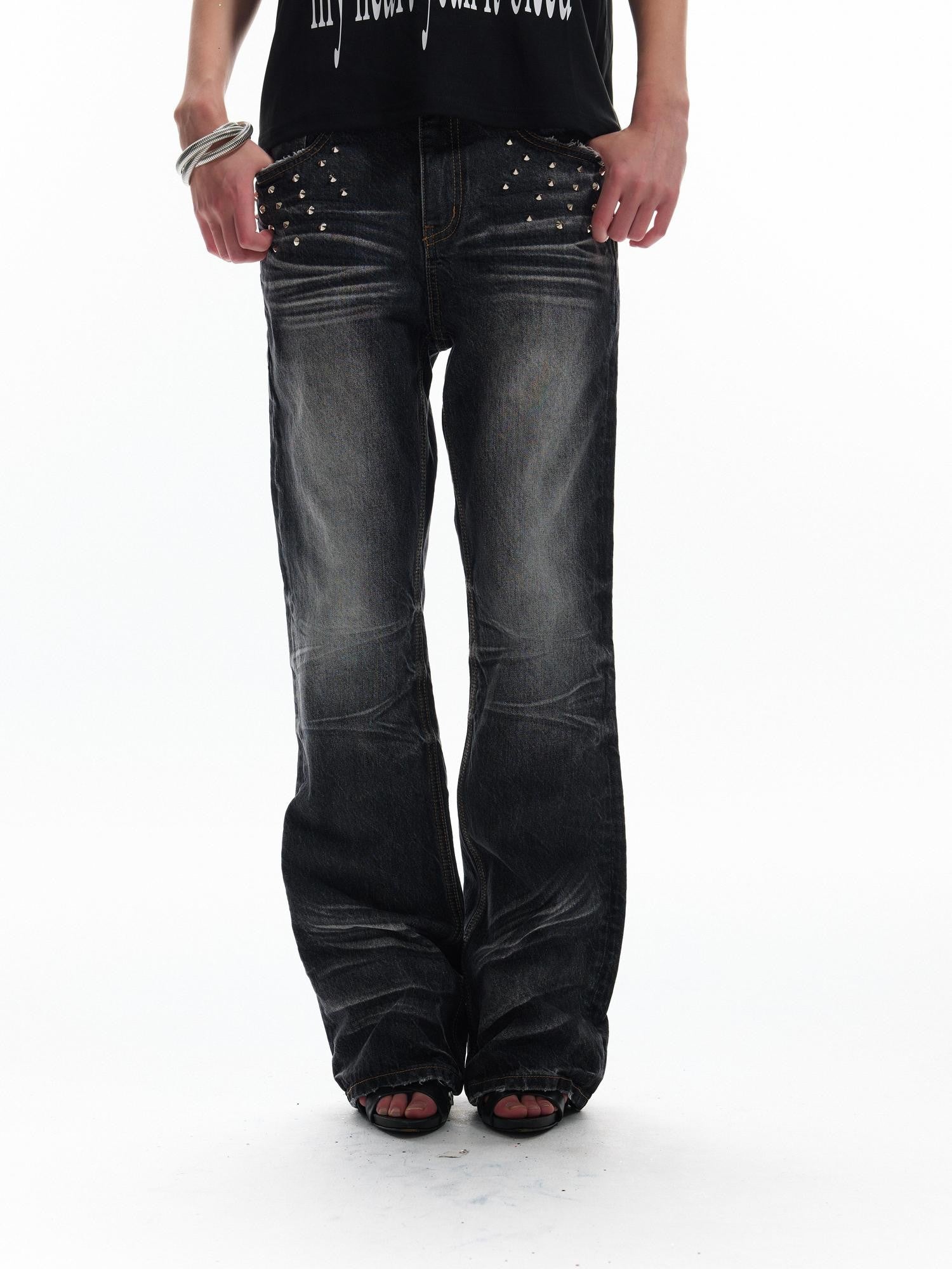 NumbAsia Vintage Washed Studded Claw Distressed Whisker Women's Cotton Bootcut Jeans