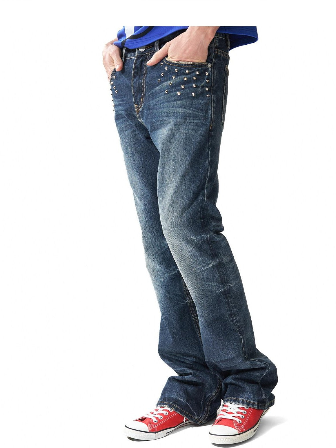 NumbAsia Vintage Washed Studded Claw Distressed Whisker Women's Cotton Bootcut Jeans