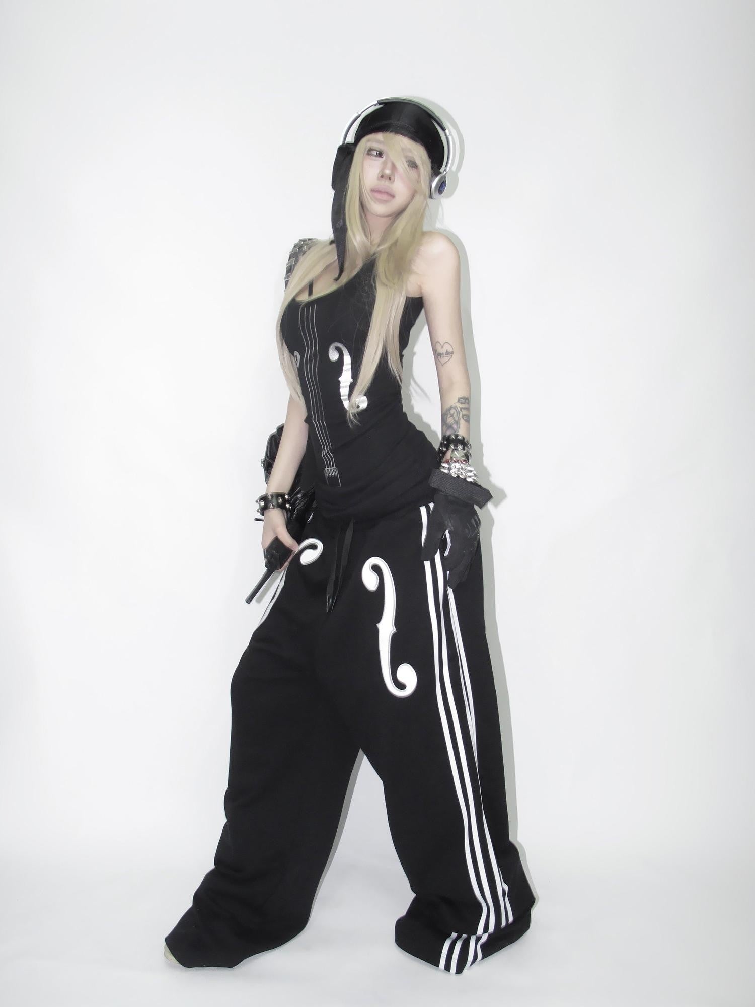 NumbAsia Violin Note Applique Embroidered Striped Women's Cotton Wide-leg Pants