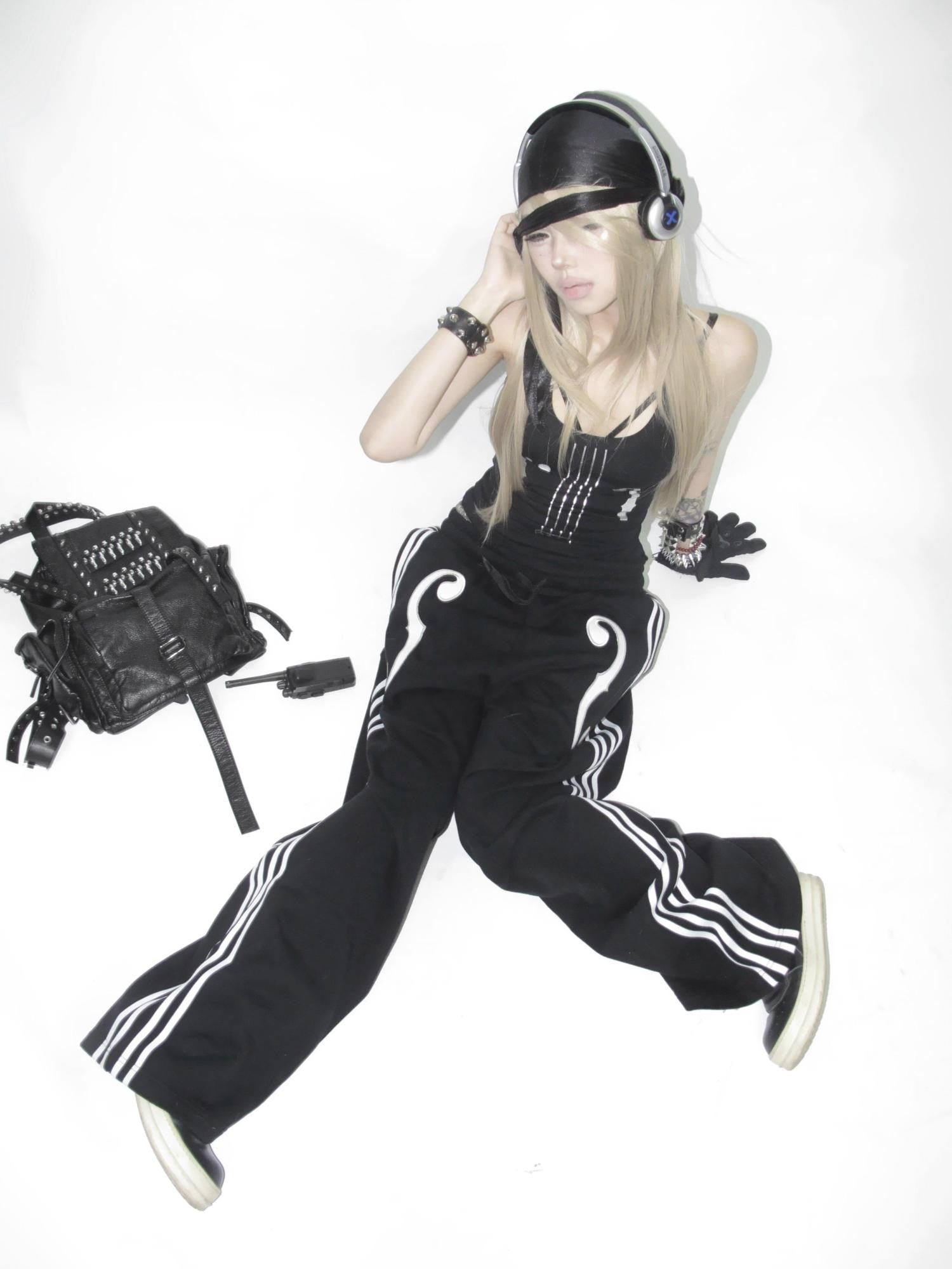 NumbAsia Violin Note Applique Embroidered Striped Women's Cotton Wide-leg Pants