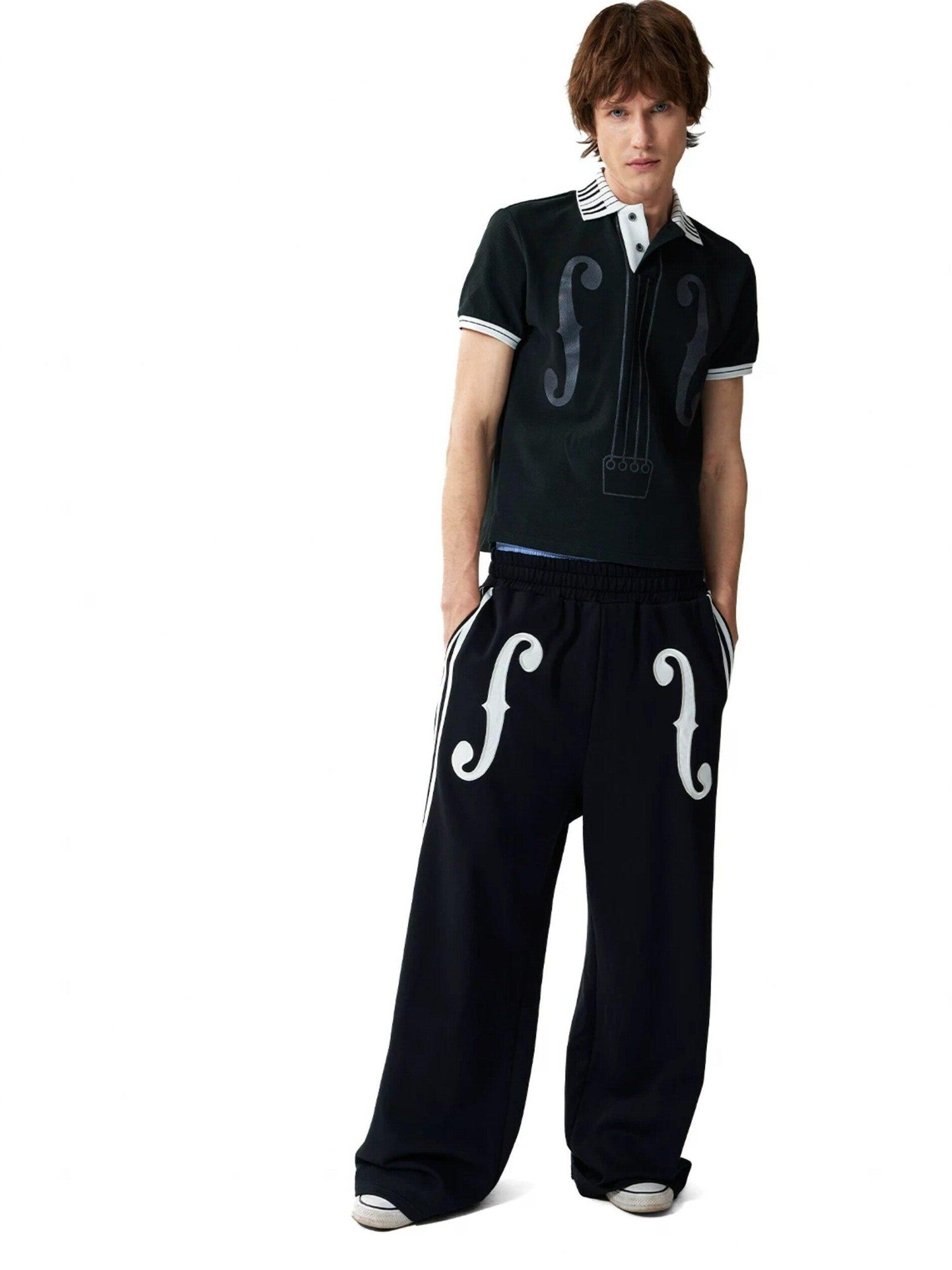 NumbAsia Violin Note Applique Embroidered Striped Women's Cotton Wide-leg Pants