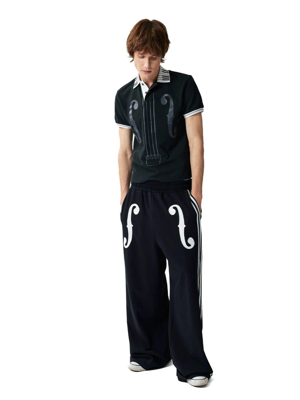 NumbAsia Violin Note Applique Embroidered Striped Women's Cotton Wide-leg Pants