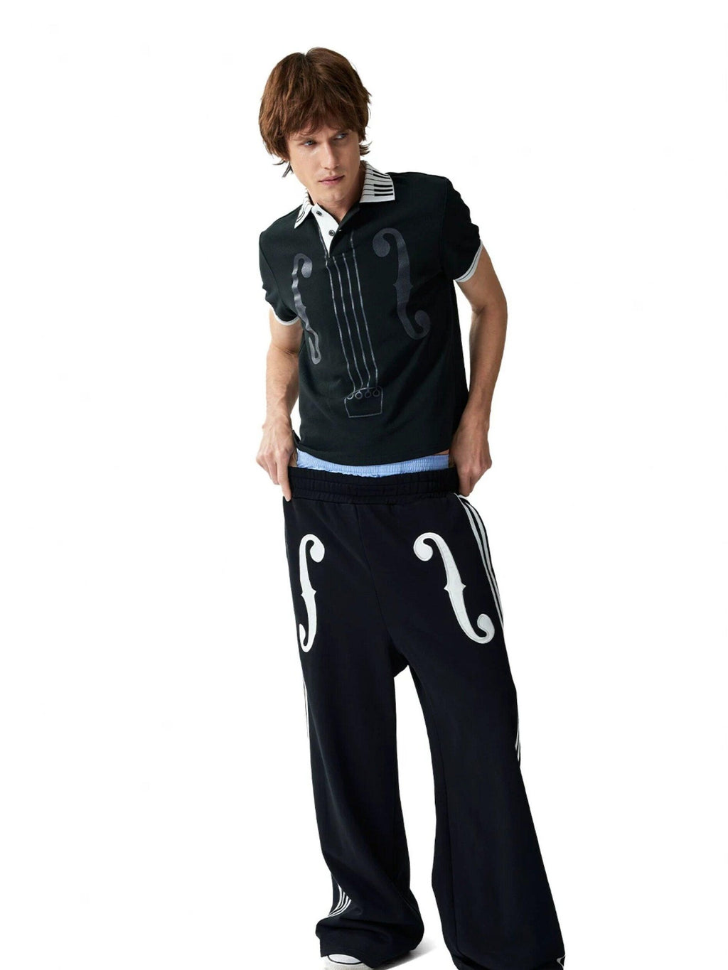 NumbAsia Violin Note Applique Embroidered Striped Women's Cotton Wide-leg Pants