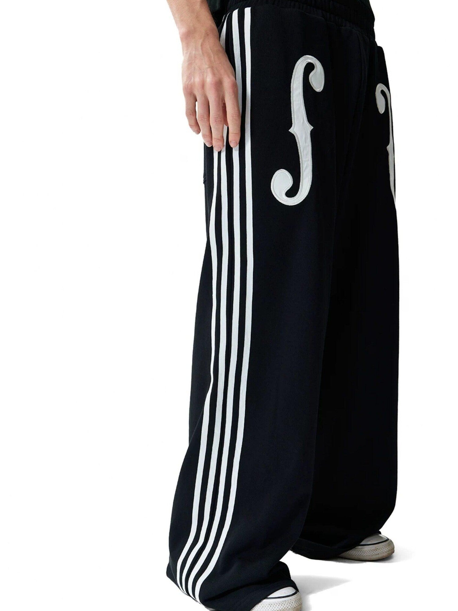 NumbAsia Violin Note Applique Embroidered Striped Women's Cotton Wide-leg Pants