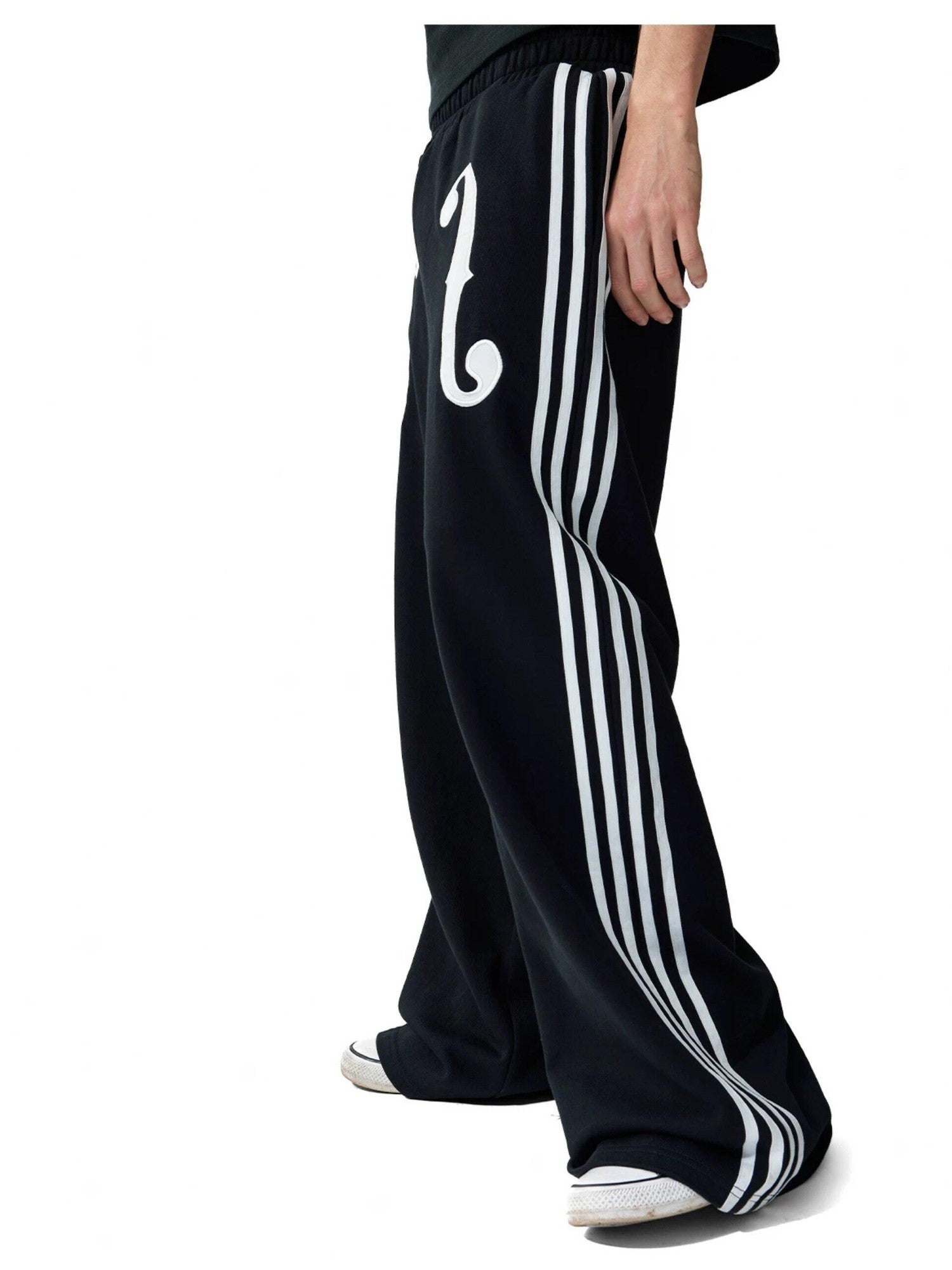 NumbAsia Violin Note Applique Embroidered Striped Women's Cotton Wide-leg Pants