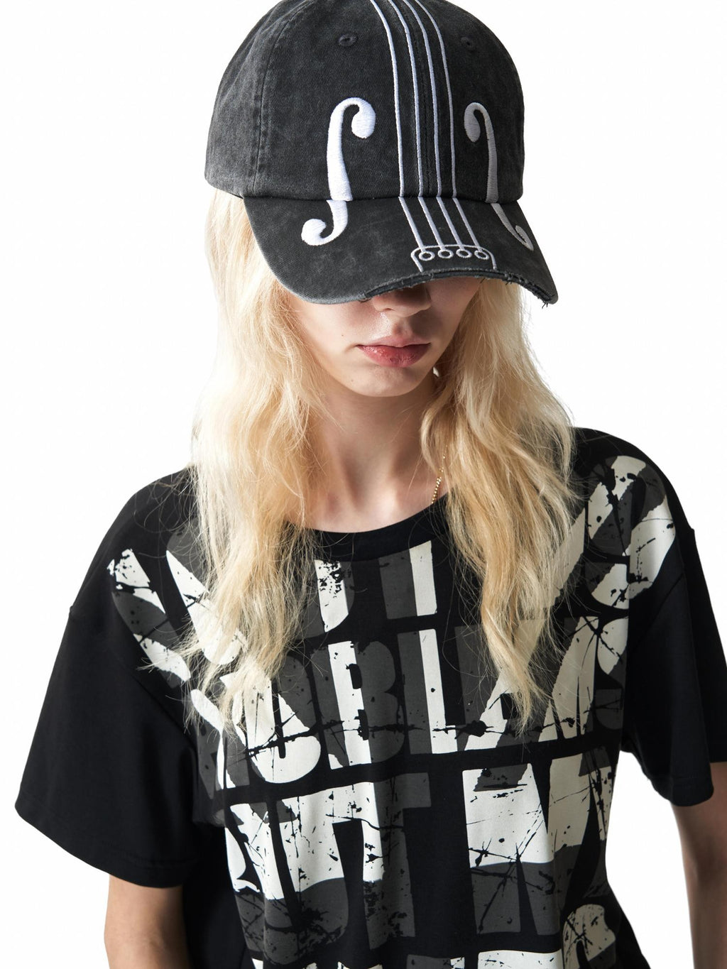 NumbAsia Violin Note Embroidery Washed Distressed Cropped Brim Women's Linen Hats