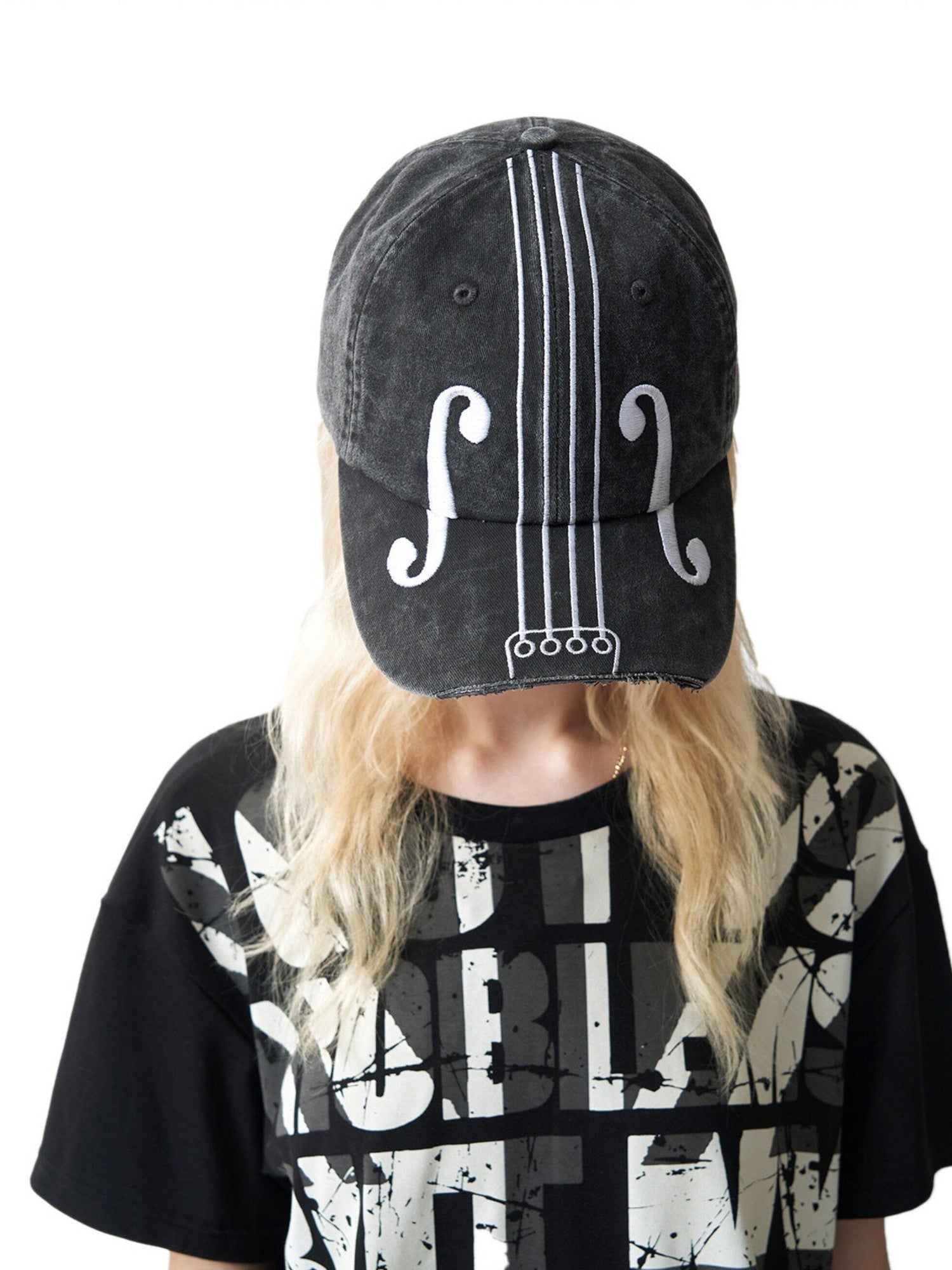 NumbAsia Violin Note Embroidery Washed Distressed Cropped Brim Women's Linen Hats