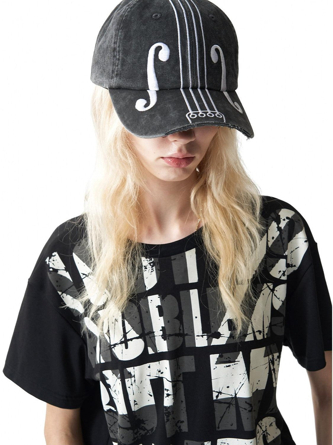 NumbAsia Violin Note Embroidery Washed Distressed Cropped Brim Women's Linen Hats
