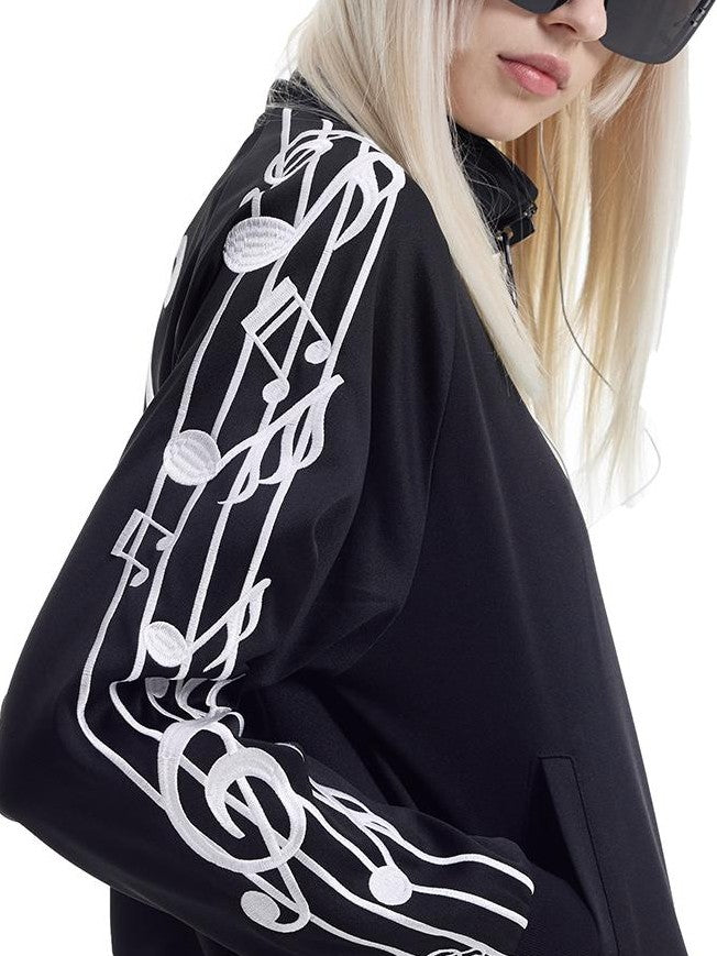 NumbAsia Violin Note Striped Embroidery Zip Women's Polyester Harrington Jackets