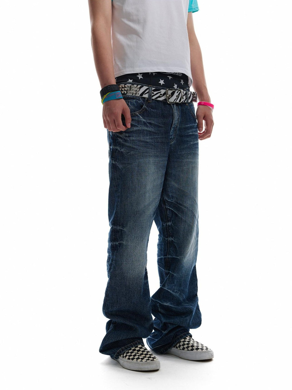 NumbAsia Washed Distressed Pressed Pleat Micro Flare Street Women's Straight-leg Jeans