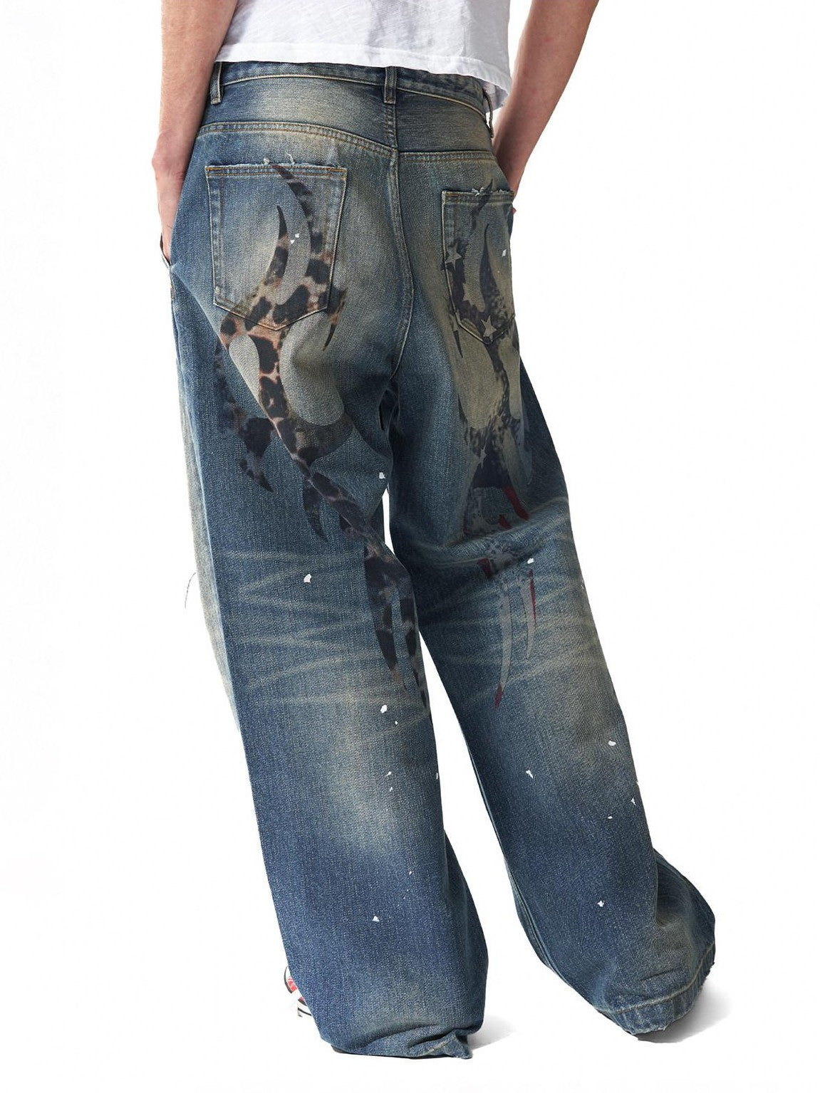 NumbAsia Washed Leopard Star Flag Print Ripped Patched Women's 13oz Denim Wide-leg Jeans