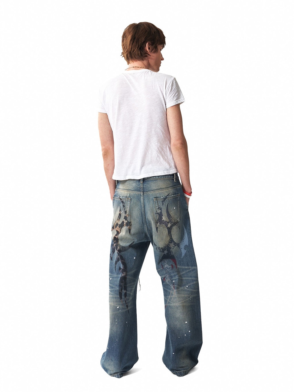 NumbAsia Washed Leopard Star Flag Print Ripped Patched Women's 13oz Denim Wide-leg Jeans