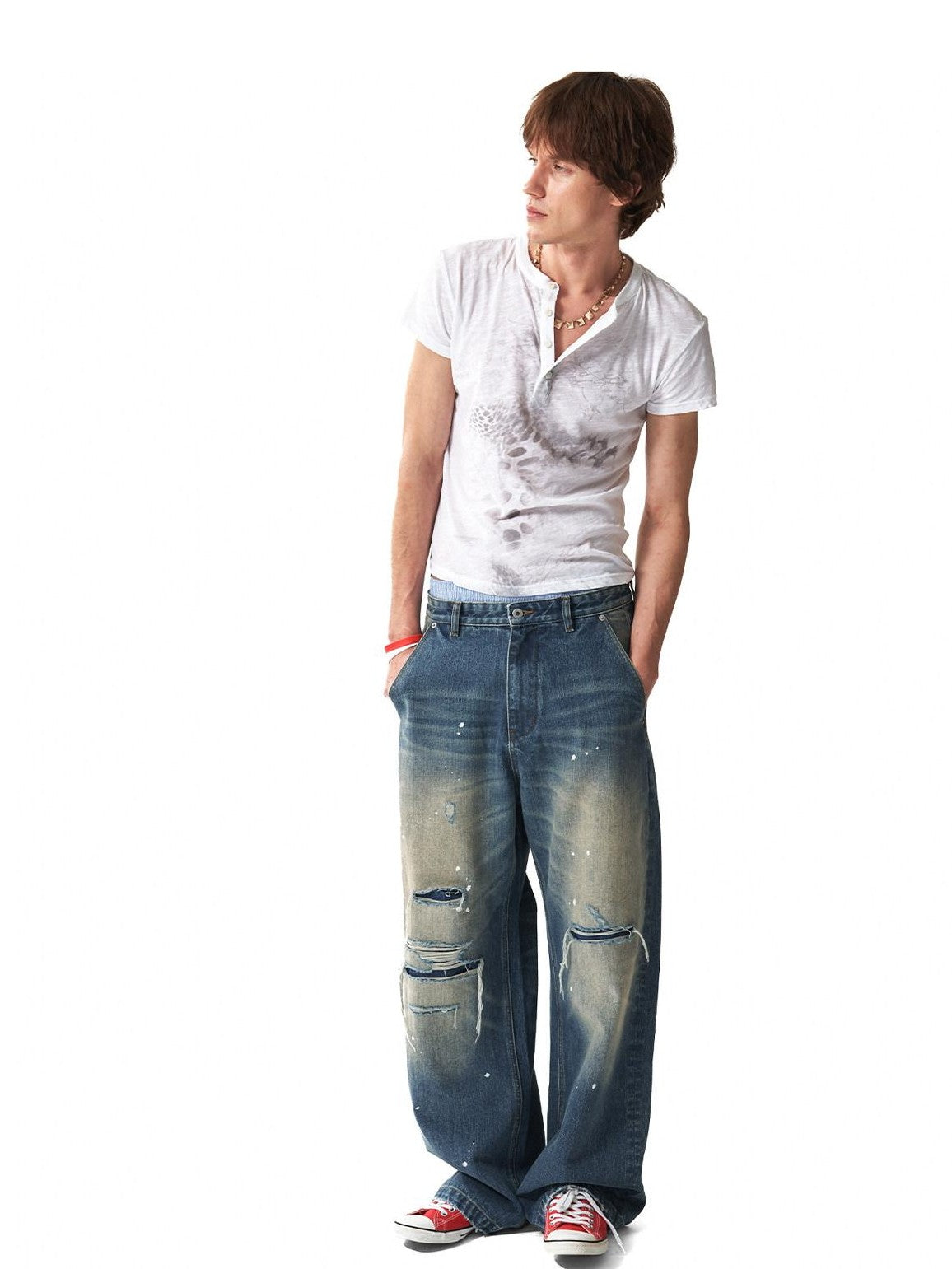 NumbAsia Washed Leopard Star Flag Print Ripped Patched Women's 13oz Denim Wide-leg Jeans