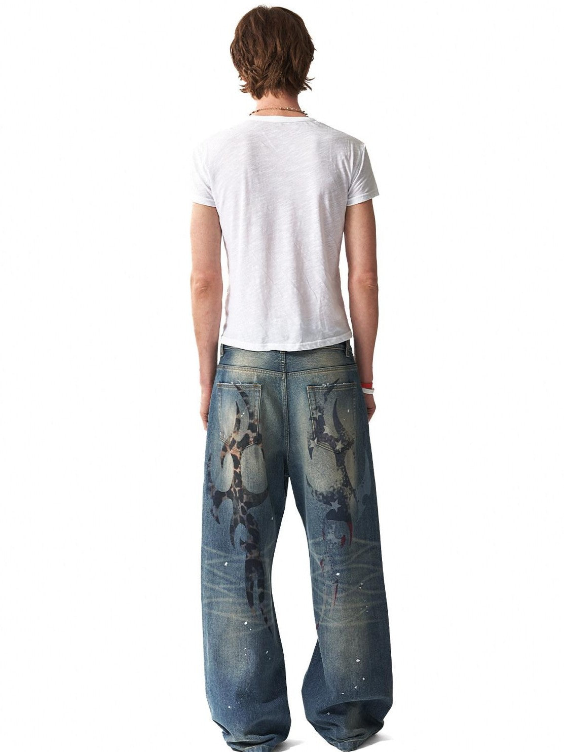 NumbAsia Washed Leopard Star Flag Print Ripped Patched Women's 13oz Denim Wide-leg Jeans