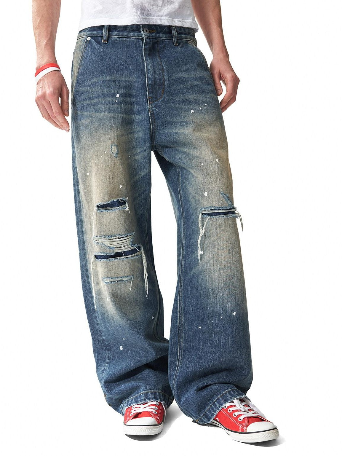 NumbAsia Washed Leopard Star Flag Print Ripped Patched Women's 13oz Denim Wide-leg Jeans