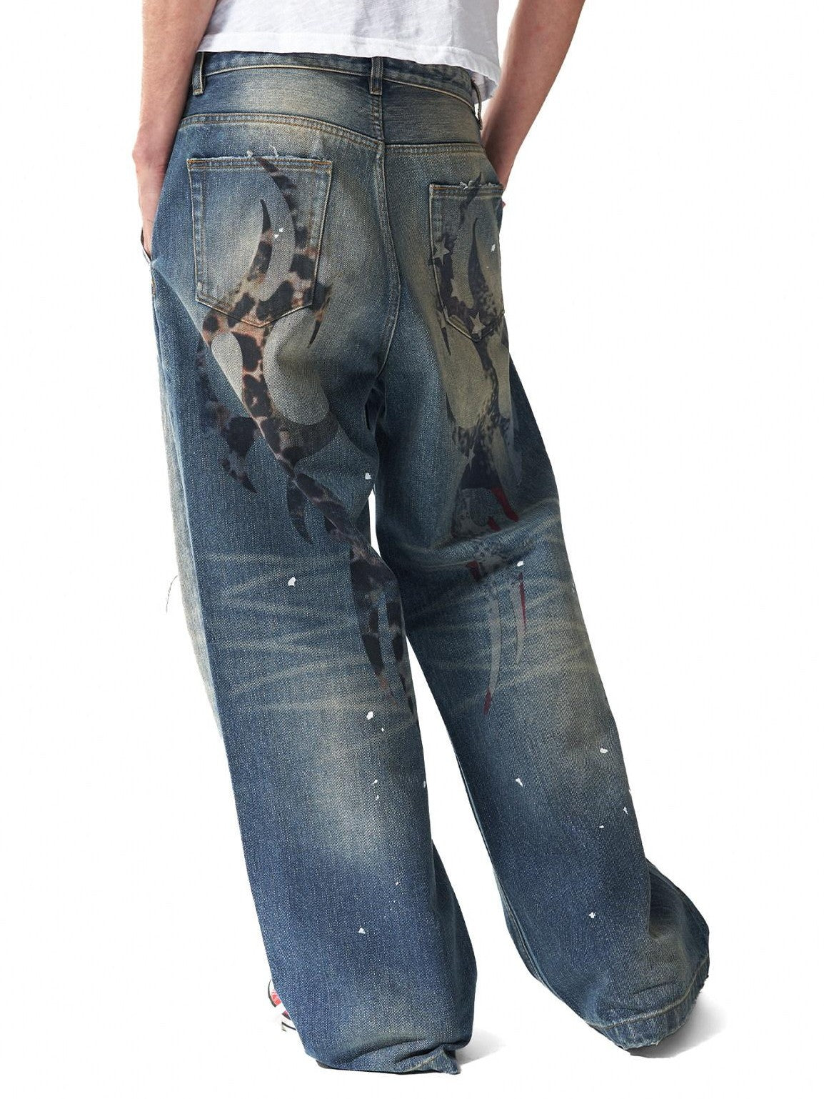 NumbAsia Washed Leopard Star Flag Print Ripped Patched Women's 13oz Denim Wide-leg Jeans
