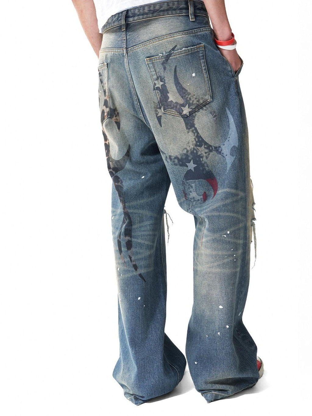 NumbAsia Washed Leopard Star Flag Print Ripped Patched Women's 13oz Denim Wide-leg Jeans
