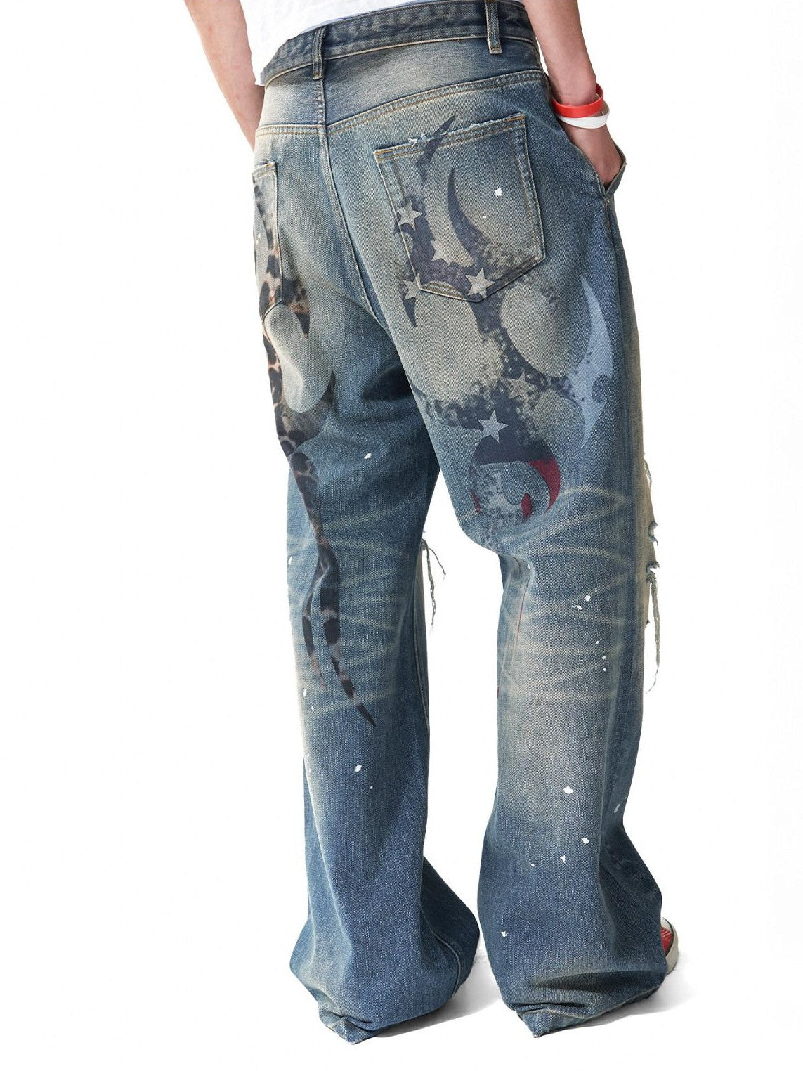 NumbAsia Washed Leopard Star Flag Print Ripped Patched Women's 13oz Denim Wide-leg Jeans