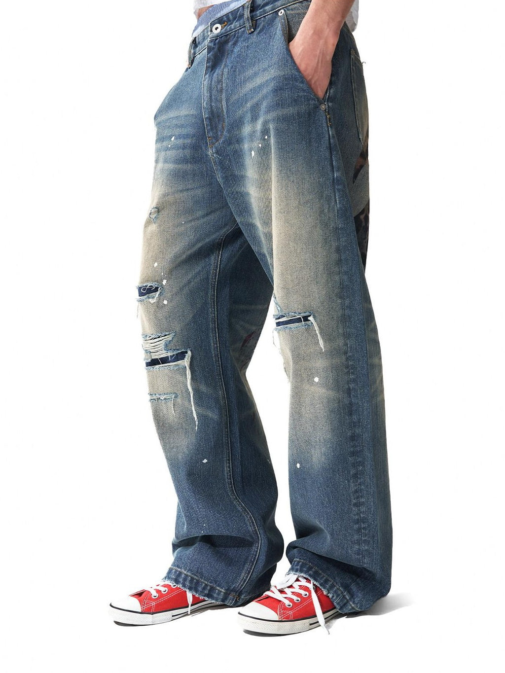 NumbAsia Washed Leopard Star Flag Print Ripped Patched Women's 13oz Denim Wide-leg Jeans