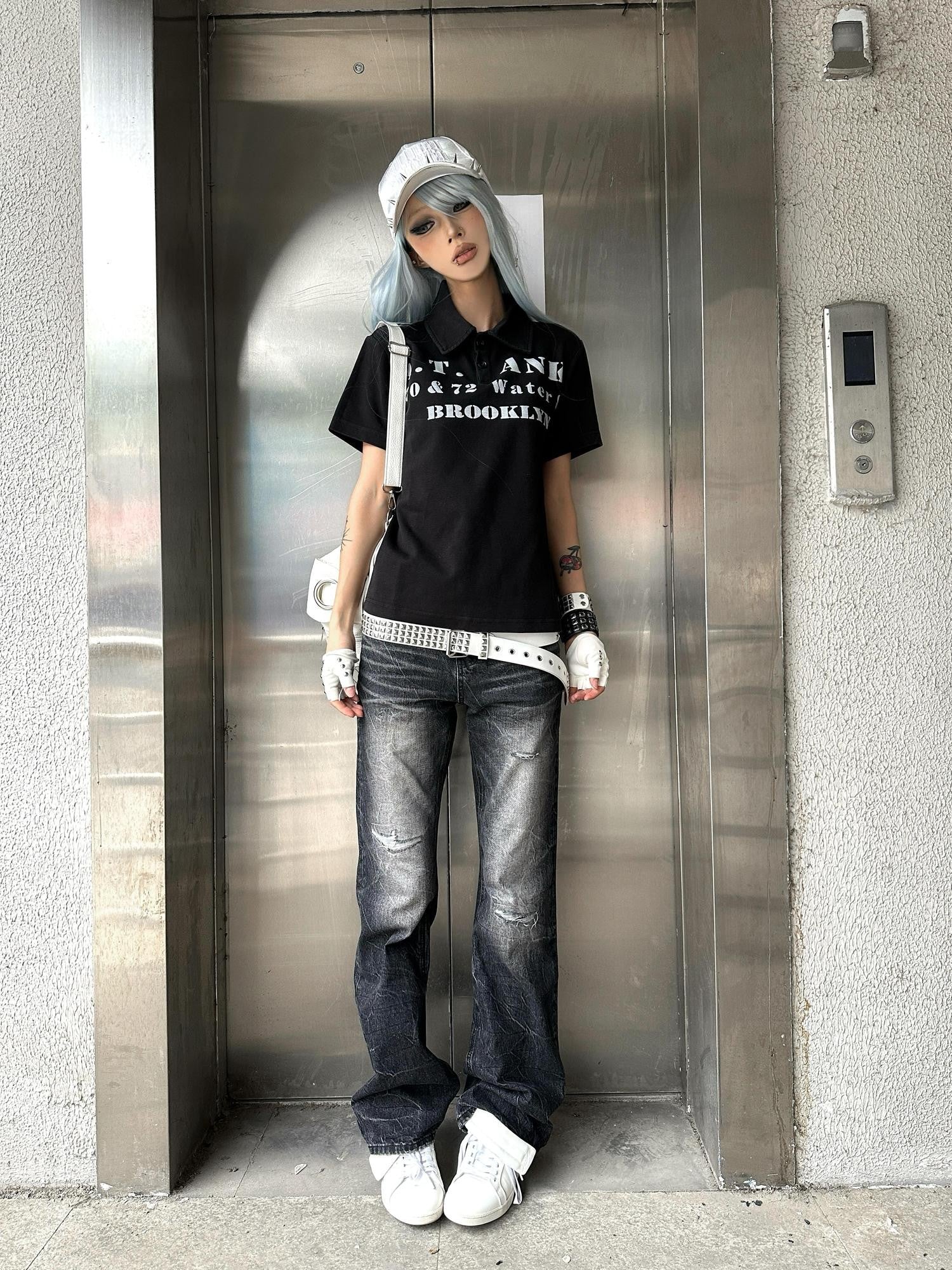 NumbAsia Water Ripple Whisker Ripped Women's Black 13oz Denim Straight-leg Jeans